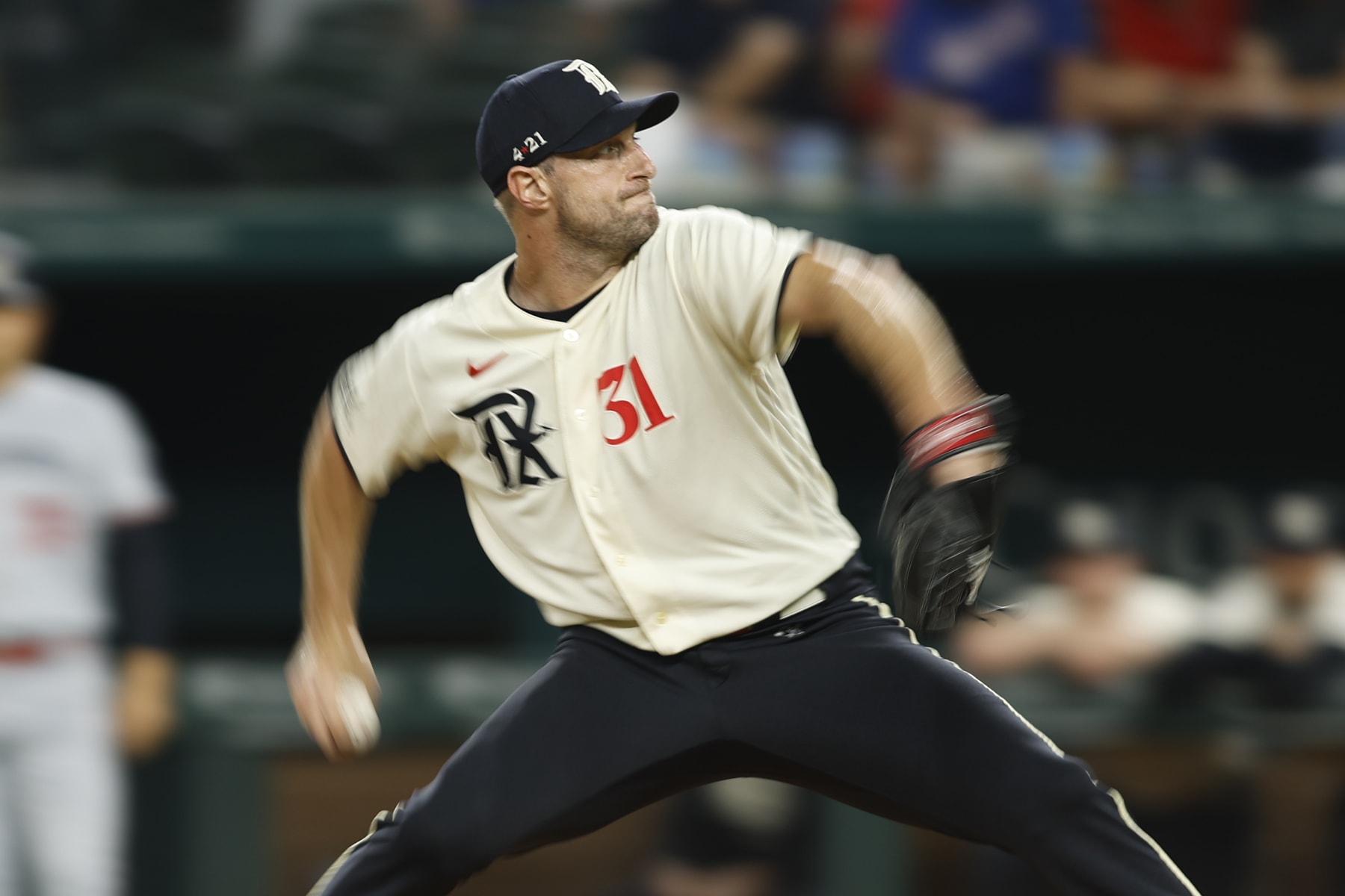 ARLINGTON, TEXAS - SEPTEMBER 01:  Max Scherzer #31 of the Texas Rangers pitches in the fourth inning against the Minnesota Twins at Globe Life Field on September 01, 2023 in Arlington, Texas. (Photo by Tim Heitman/Getty Images)