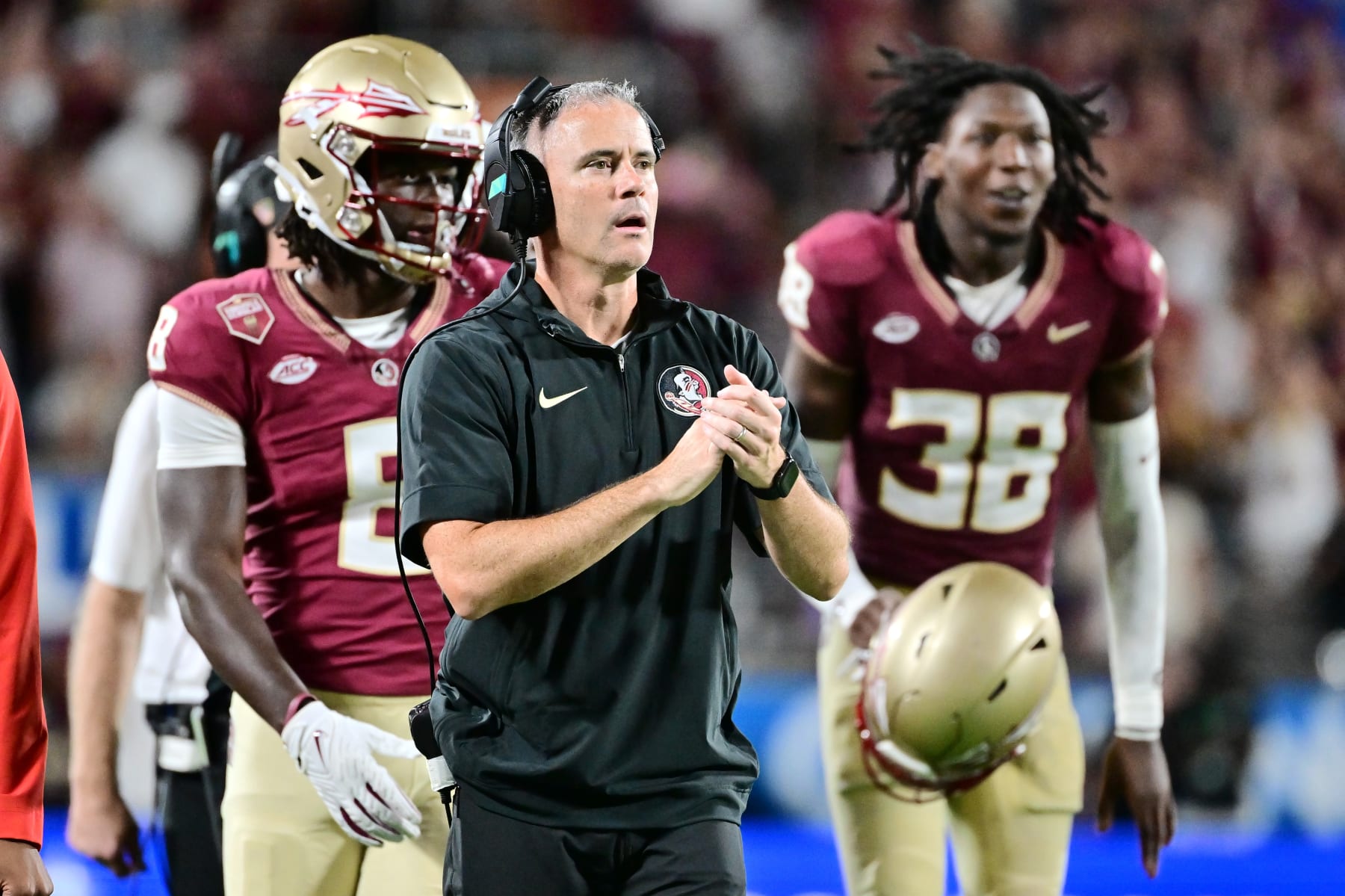 ORLANDO, FLORIDA - SEPTEMBER 03: Head coach Mike Norvell of the Florida State Seminoles reacts after a touchdown in the fourth quarter against the LSU Tigers at Camping World Stadium on September 03, 2023 in Orlando, Florida. (Photo by Julio Aguilar/Getty Images)