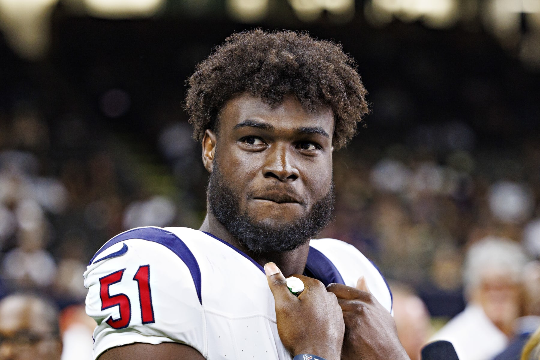 NEW ORLEANS, LOUISIANA - AUGUST 27: Will Anderson #51 of the Houston Texans on the sidelines during the preseason game against the New Orleans Saints at Caesars Superdome on August 27, 2023 in New Orleans, Louisiana. The Texans defeated the Saints 17-13. (Photo by Wesley Hitt/Getty Images)
