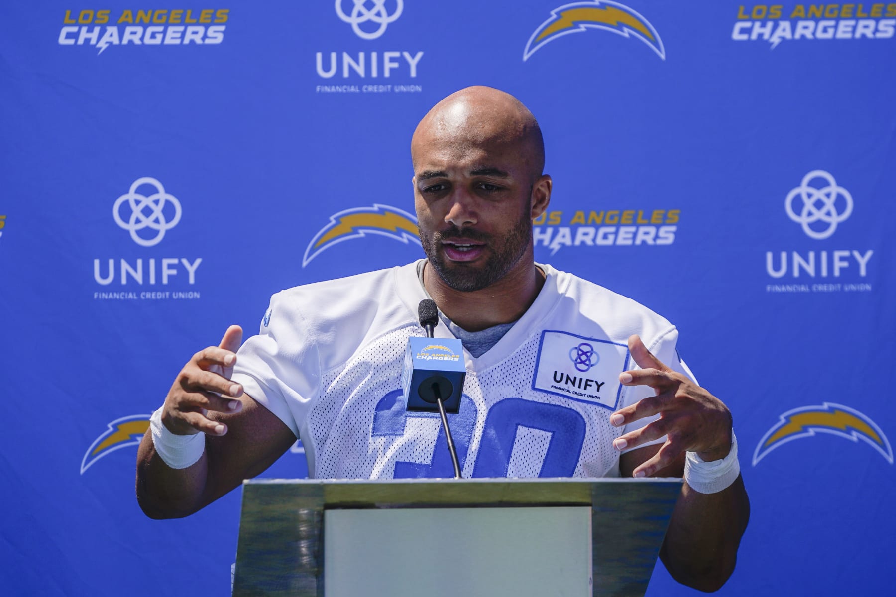 Los Angeles Chargers running back Austin Ekeler speaks in a press conference during the NFL football team's training camp, Thursday, July 27, 2023, in Costa Mesa, Calif. (AP Photo/Ryan Sun) Los Angeles Chargers running back Austin Ekeler speaks in a press conference during the NFL football team's training camp, Thursday, July 27, 2023, in Costa Mesa, Calif. (AP Photo/Ryan Sun)