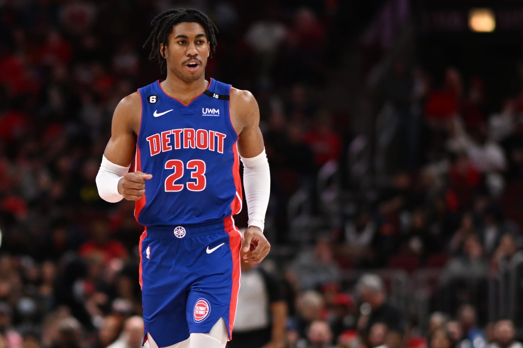 CHICAGO, ILLINOIS - APRIL 09: Jaden Ivey #23 of the Detroit Pistons reacts after scoring in the first half against the Chicago Bullsat United Center on April 09, 2023 in Chicago, Illinois.   NOTE TO USER: User expressly acknowledges and agrees that, by downloading and or using this photograph, User is consenting to the terms and conditions of the Getty Images License Agreement.  (Photo by Quinn Harris/Getty Images)