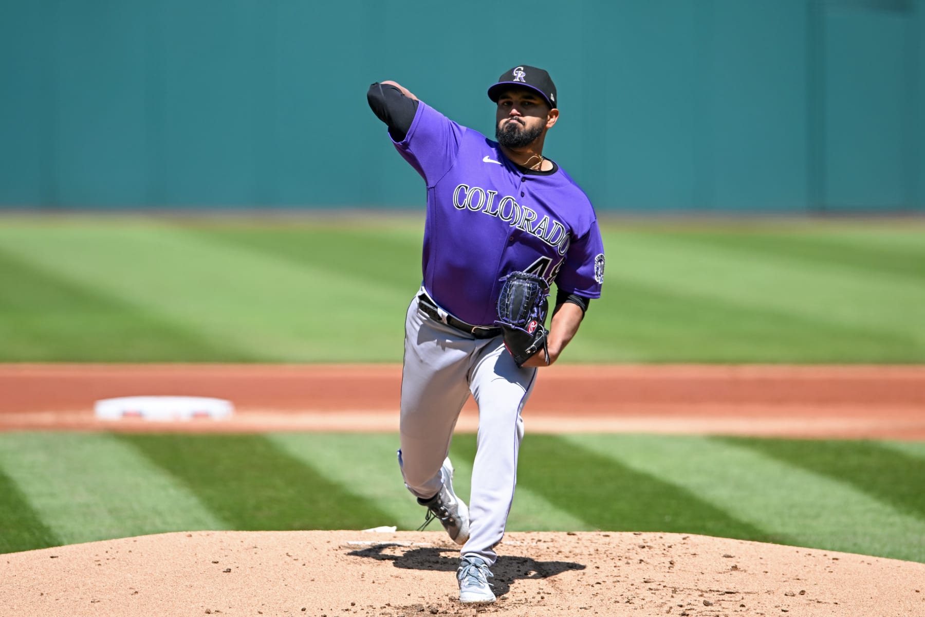 CLEVELAND, OHIO - APRIL 26: Germán Márquez #48 of the Colorado Rockies throws a pitch during first inning against the Cleveland Guardians at Progressive Field on April 26, 2023 in Cleveland, Ohio. (Photo by Nick Cammett/Diamond Images via Getty Images)