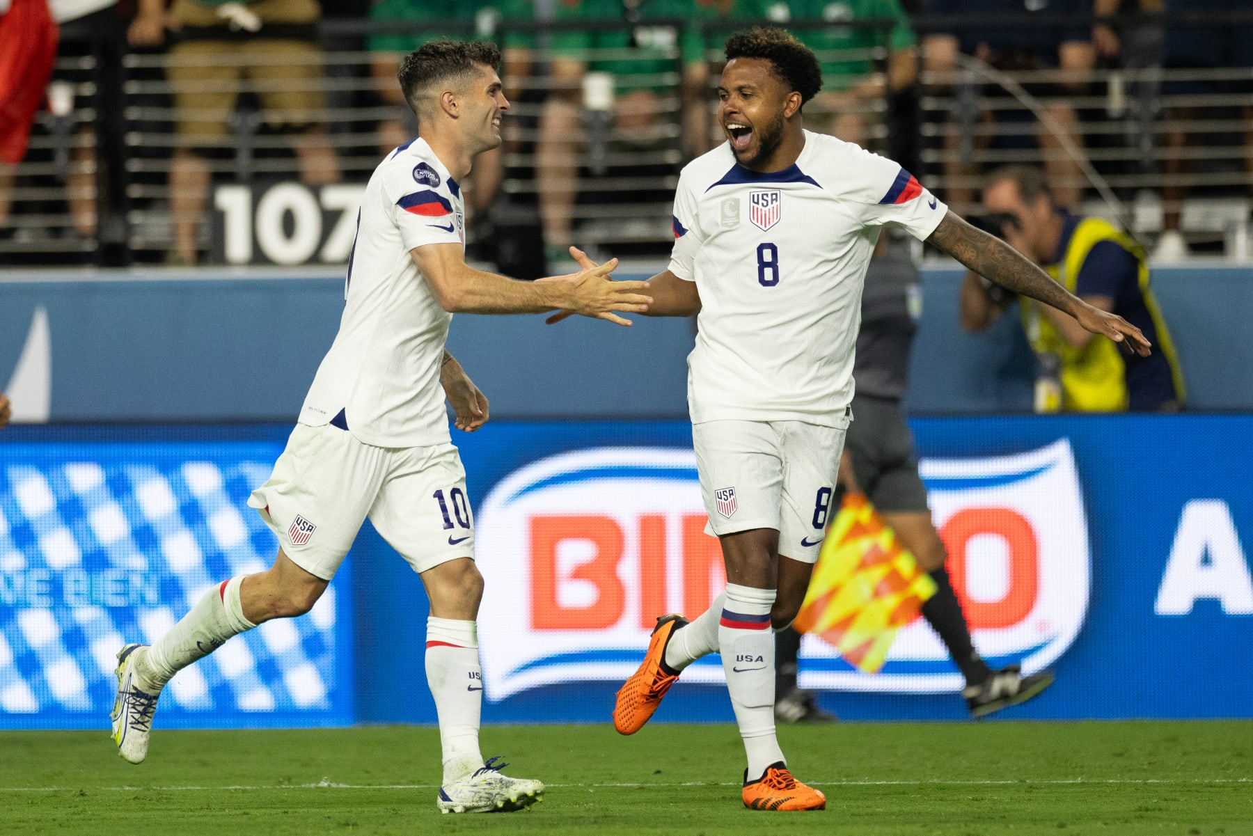 LAS VEGAS, NV - JUNE 15: Christian Pulisic #10 Weston McKennie #8 of the United States celebrates the goal during a game between Mexico and USMNT at Allegiant Stadium on June 15, 2023 in Las Vegas, Nevada. (Photo by John Dorton/USSF/Getty Images for USSF)