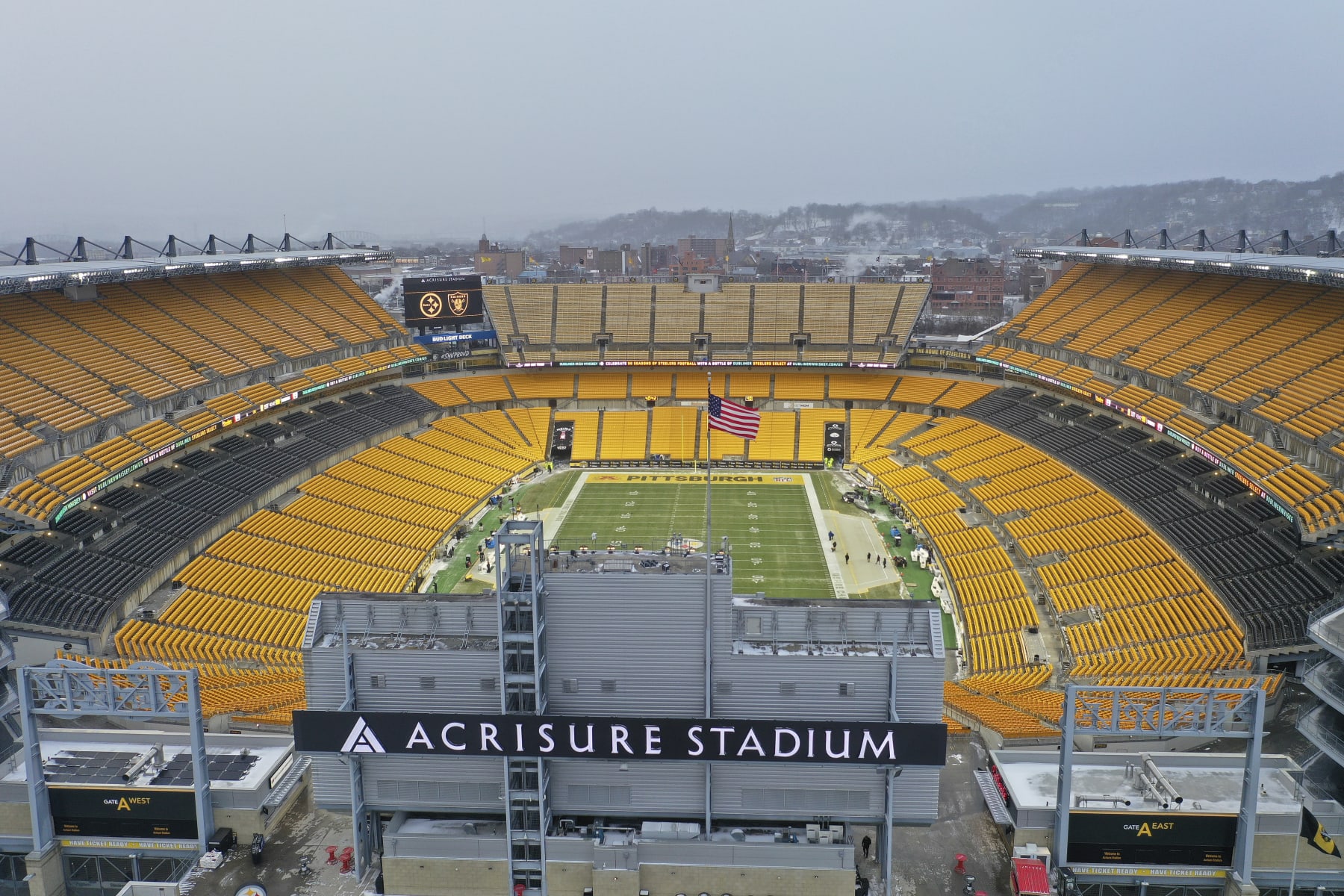 An aerial overall exterior view of Acrisure Stadium before an NFL football game between the Pittsburgh Steelers and the Las Vegas Raiders, Sunday, Dec. 24, 2022, in Pittsburgh. (AP Photo/Tyler Kaufman)