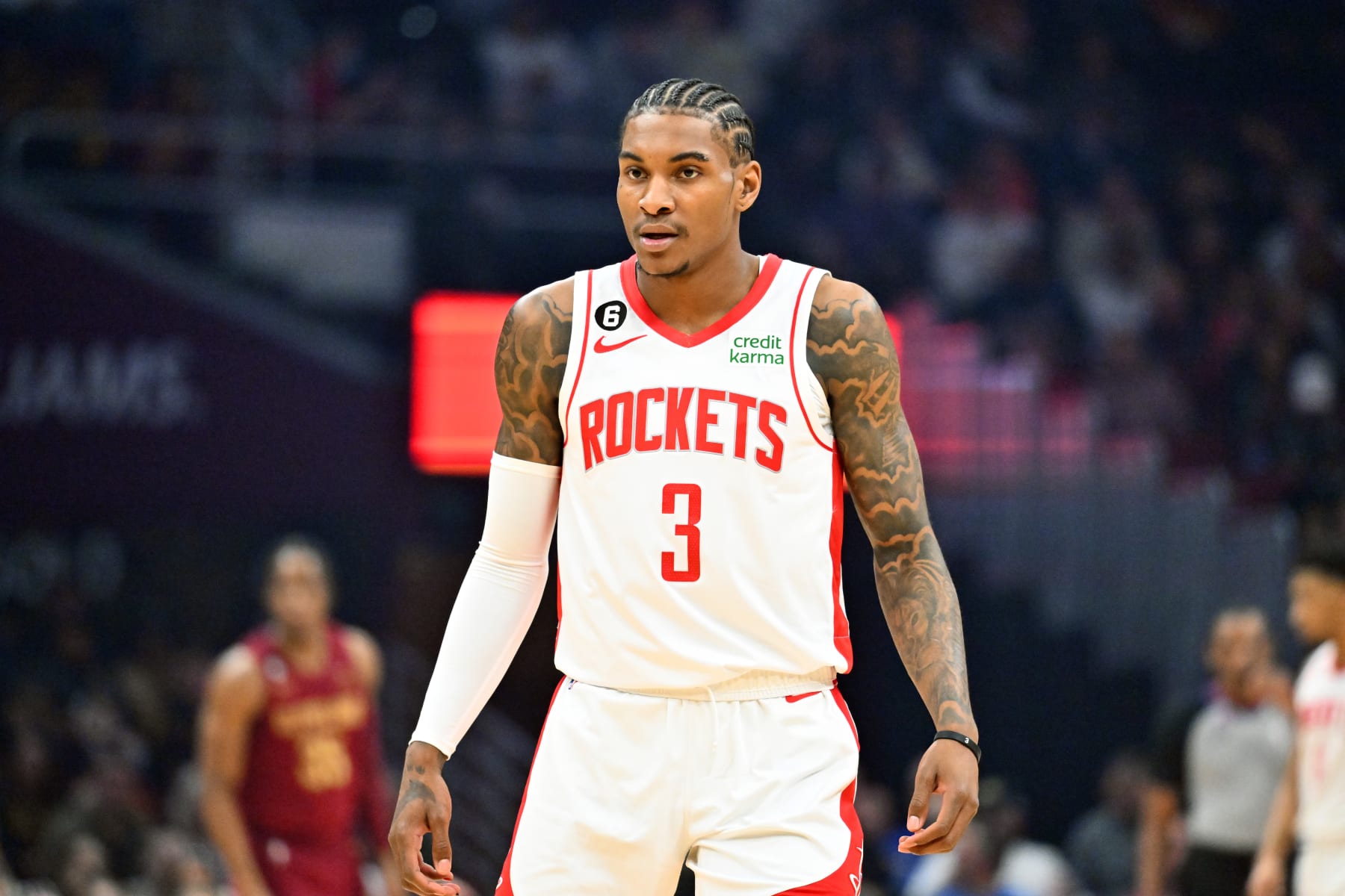 CLEVELAND, OHIO - MARCH 26: Kevin Porter Jr. #3 of the Houston Rockets pauses during the first half against the Cleveland Cavaliers at Rocket Mortgage Fieldhouse on March 26, 2023 in Cleveland, Ohio. NOTE TO USER: User expressly acknowledges and agrees that, by downloading and or using this photograph, User is consenting to the terms and conditions of the Getty Images License Agreement. (Photo by Jason Miller/Getty Images)