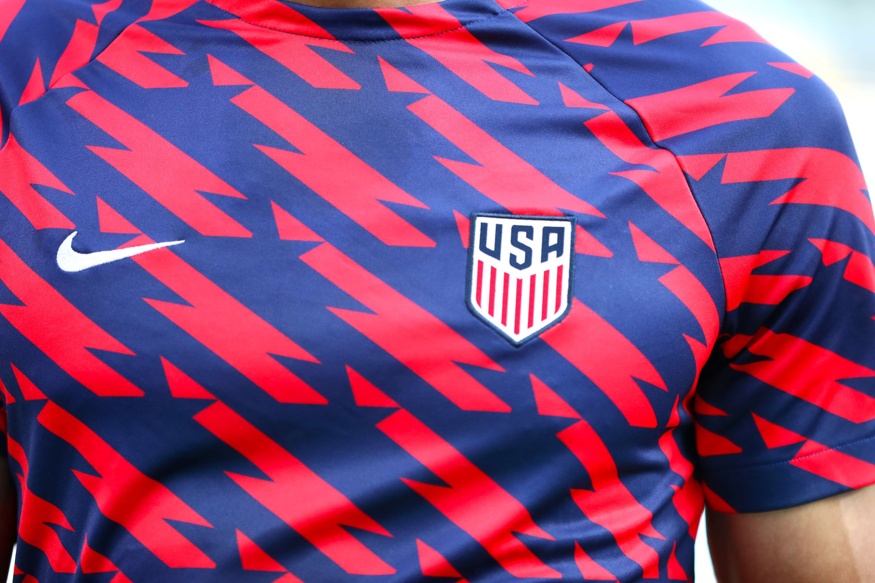 CHARLOTTE, NORTH CAROLINA - JULY 02: The USA logo is shown on a players jersey before the first half of the Concacaf Gold Cup match between the United States and the Trinidad and Tobago at Bank of America Stadium on July 02, 2023 in Charlotte, North Carolina. (Photo by David Jensen/Getty Images)