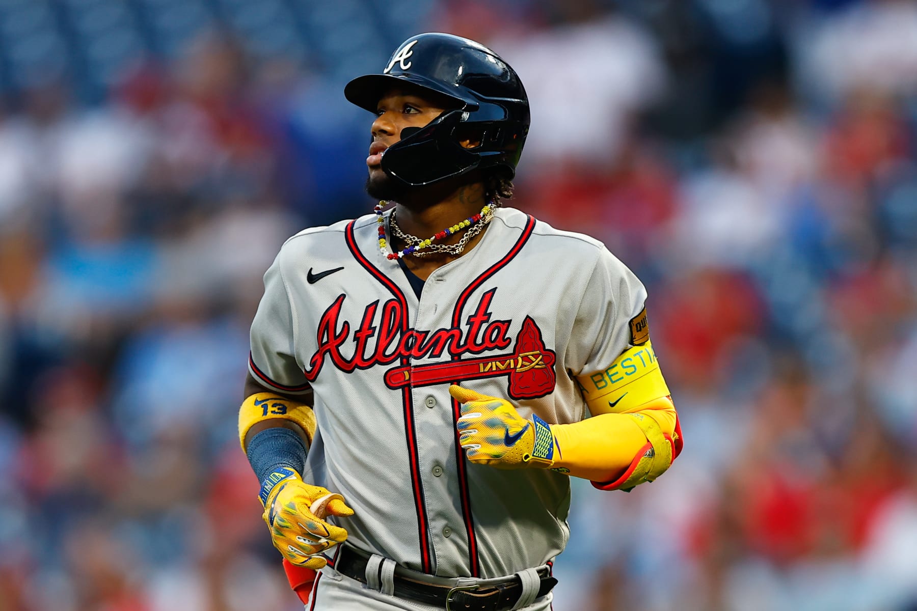 Ronald Acuña Jr. #13 of the Atlanta Braves takes the field prior