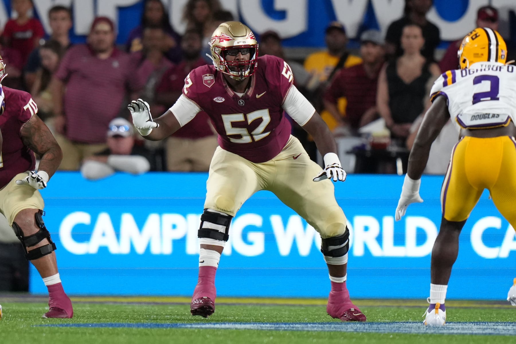 ORLANDO, FL - SEPTEMBER 03: Florida State Seminoles offensive lineman Robert Scott Jr. (52) protects the pocket during the Camping World Kickoff game between the LSU Tigers and the Florida State Seminoles, on Sunday, September 3, 2023 at Camping World Stadium in Orlando, Fla. (Photo by Peter Joneleit/Icon Sportswire via Getty Images)
