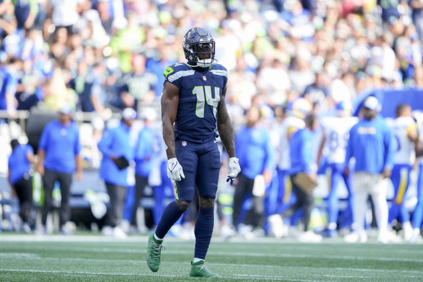 Seattle Seahawks wide receiver DK Metcalf (14) runs a route against the Buffalo  Bills during the first half of an NFL football game, Sunday, Nov. 8, 2020,  in Orchard Park, N.Y. (AP