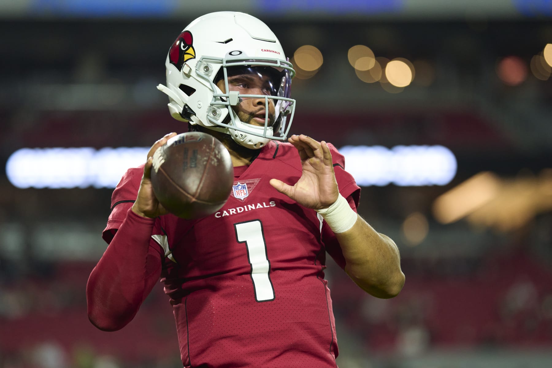 GLENDALE, AZ - DECEMBER 12: Kyler Murray #1 of the Arizona Cardinals warms up before kickoff against the New England Patriots at State Farm Stadium on December 12, 2022 in Glendale, Arizona. (Photo by Cooper Neill/Getty Images)