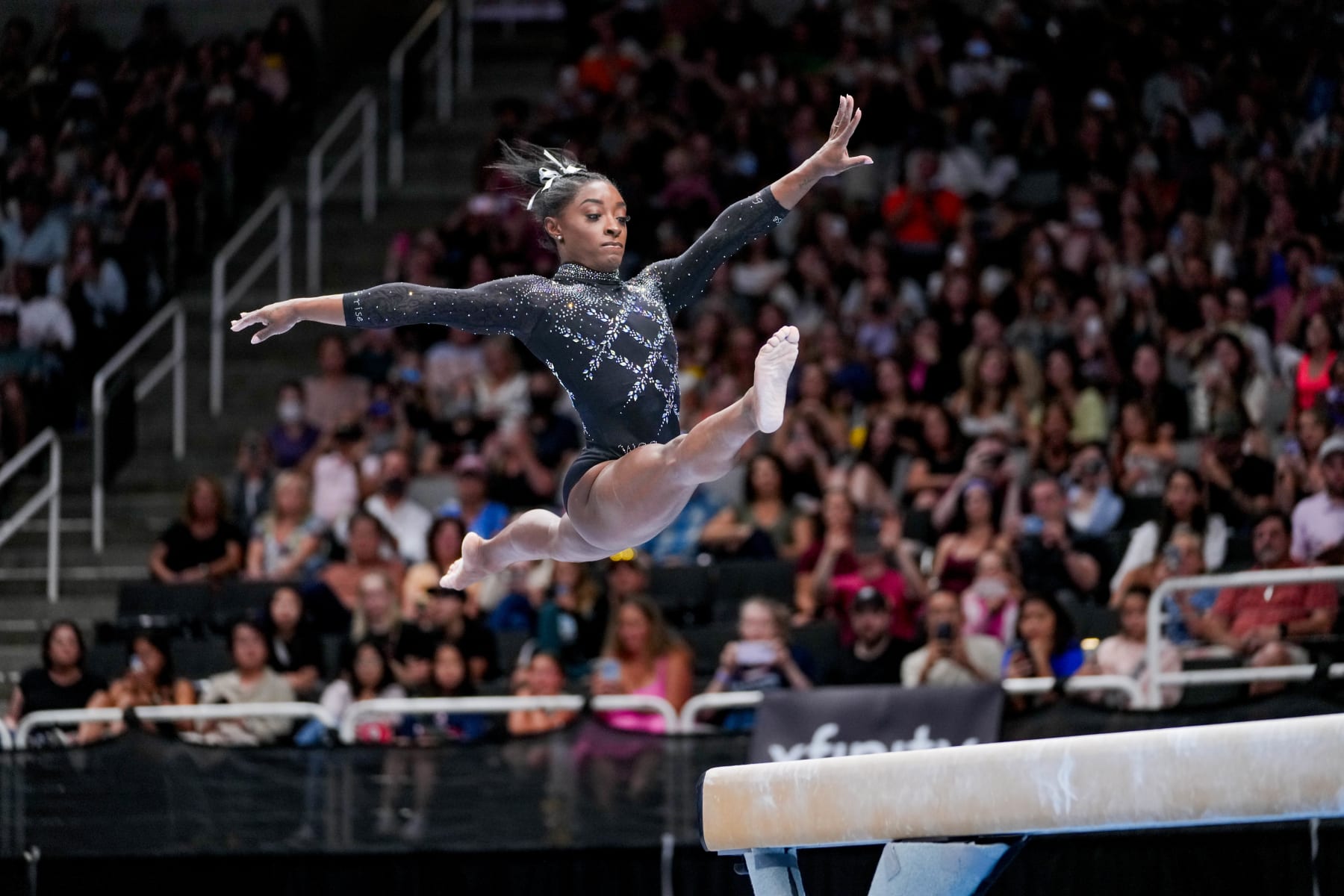 SAN JOSE, CA - AUGUST 27: Gymnast Simone Biles of World Champions Centre performs on the balance beam at SAP Center on August 27, 2023 in San Jose, California. (Photo by Melinda Meijer/ISI Photos/Getty Images)