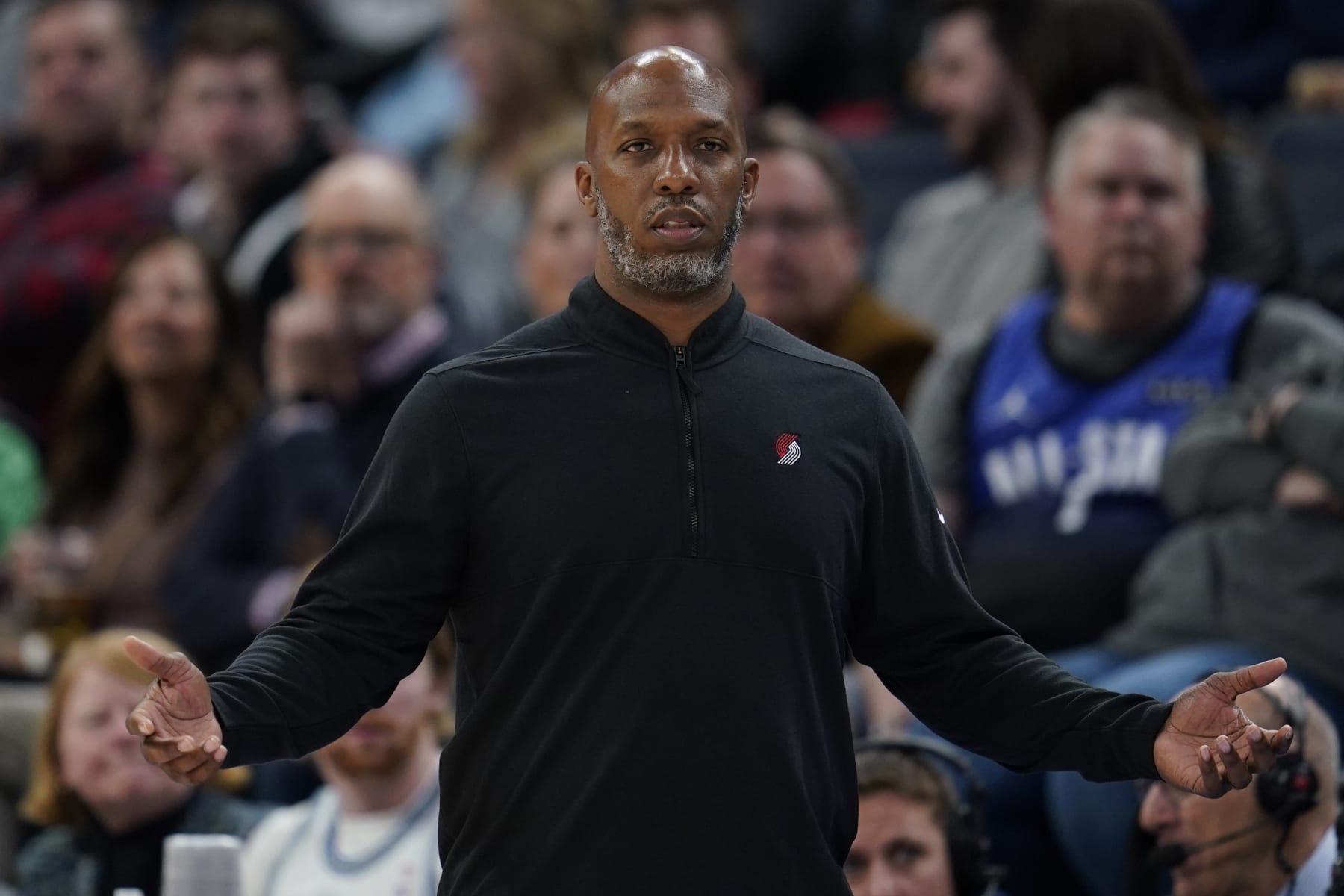 Portland Trail Blazers head coach Chauncey Billups reacts to a call by the referees during the first half of an NBA basketball game against the Minnesota Timberwolves, Sunday, April 2, 2023, in Minneapolis. (AP Photo/Abbie Parr)