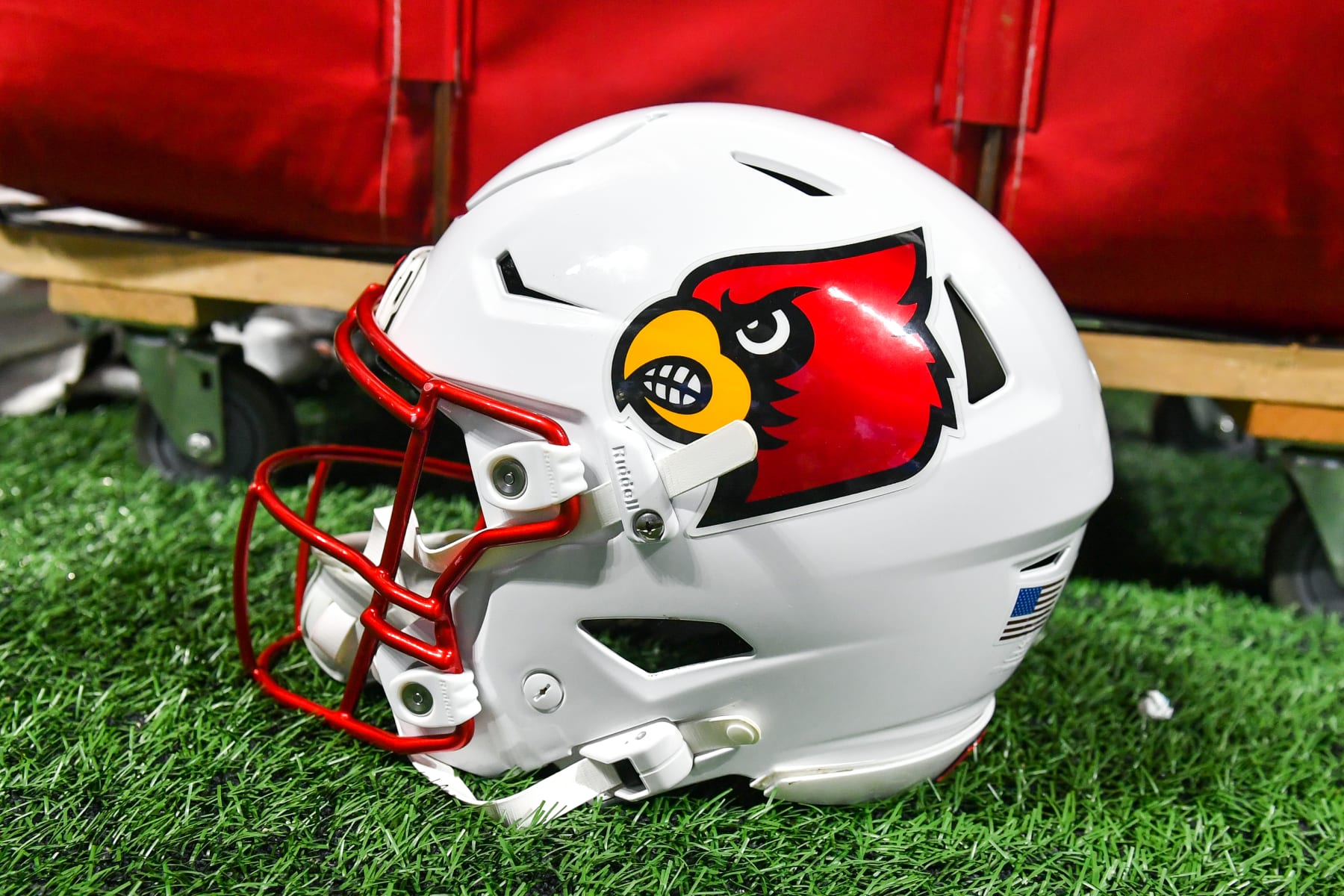 ATLANTA, GA  SEPTEMBER 01:   A Louisville football helmet during the Aflac Kickoff Game between the Louisville Cardinals and the Georgia Tech Yellow Jackets on September 1st, 2023 at Mercedes-Benz Stadium in Atlanta, GA.  (Photo by Rich von Biberstein/Icon Sportswire via Getty Images)