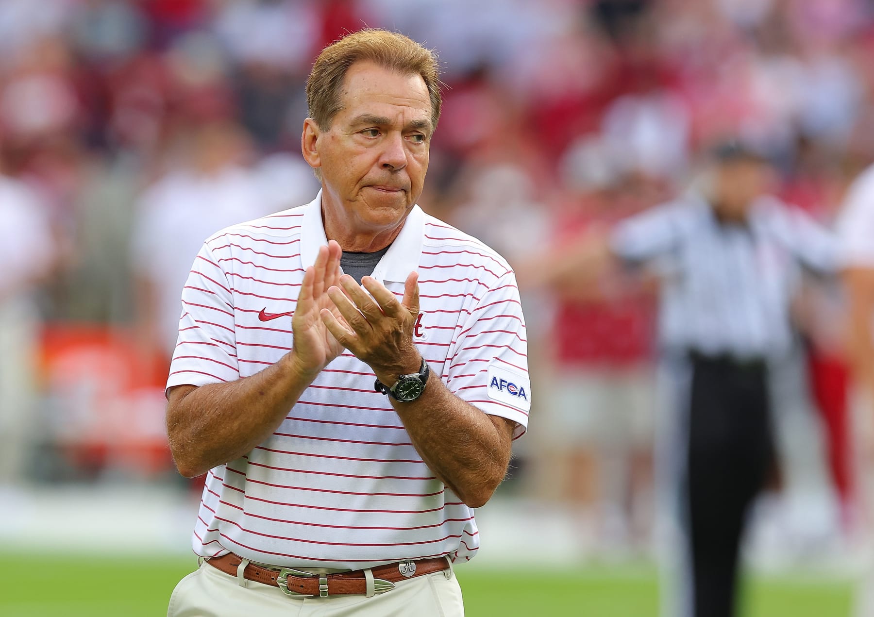 TUSCALOOSA, ALABAMA - SEPTEMBER 02: Head coach Nick Saban of the Alabama Crimson Tide during warms up prior to facing the Middle Tennessee Blue Raiders at Bryant-Denny Stadium on September 02, 2023 in Tuscaloosa, Alabama. (Photo by Kevin C. Cox/Getty Images)