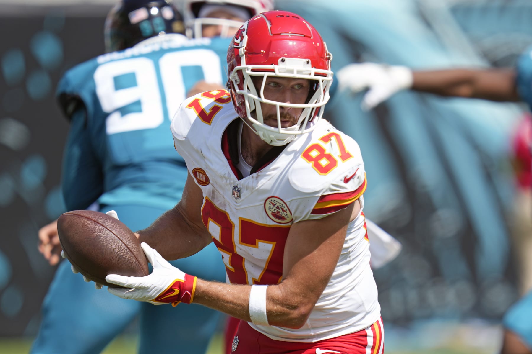 Kansas City Chiefs linebacker Jermaine Carter (53) runs on the field during  the first half of a preseason NFL football game against the Chicago Bears,  Saturday, Aug. 13, 2022, in Chicago. (AP