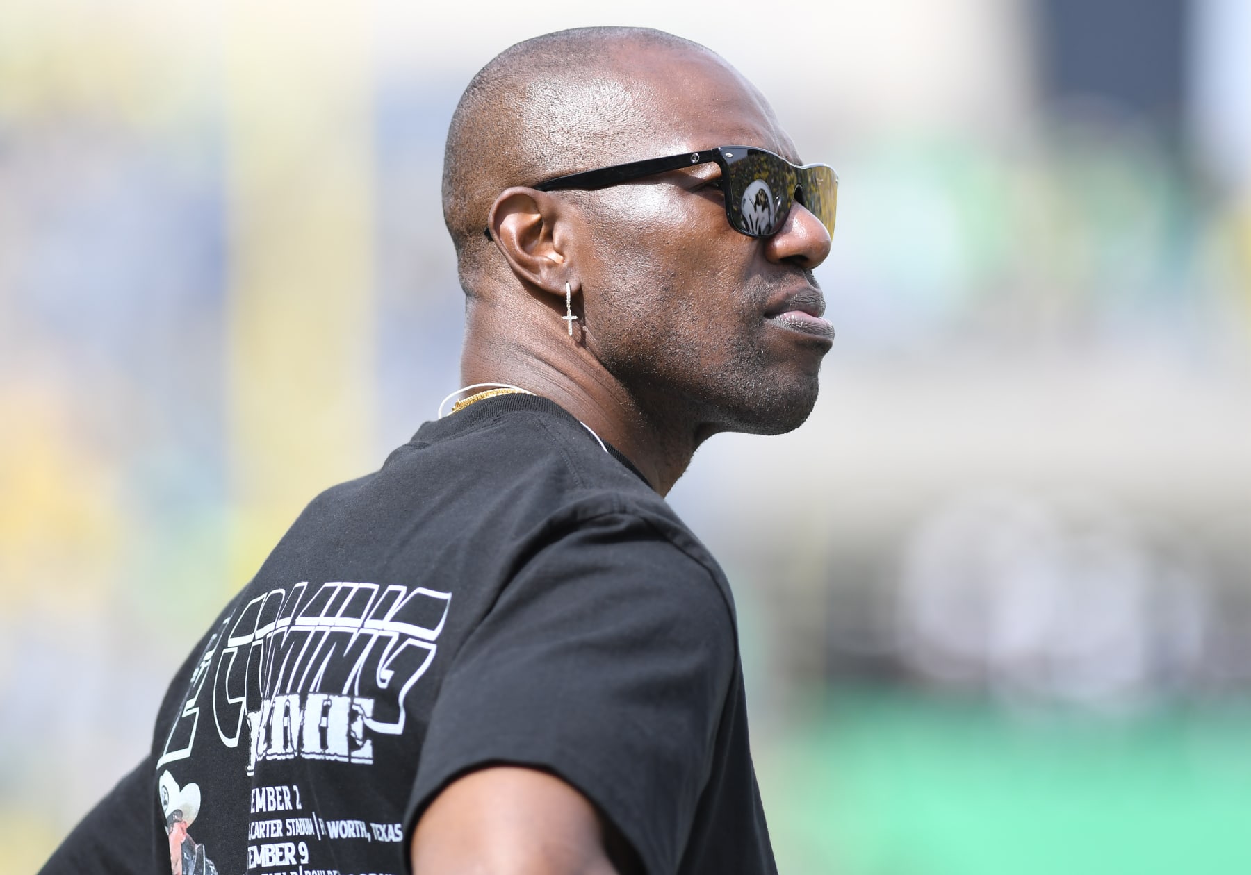 EUGENE, OR - SEPTEMBER 23: Former NFL and hall of fame player Terrell Owens watches pre-game during a PAC-12 conference football game between the Colorado Buffaloes and Oregon Ducks on September 23, 2023 at Autzen Stadium in Eugene, Oregon. (Photo by Brian Murphy/Icon Sportswire via Getty Images)