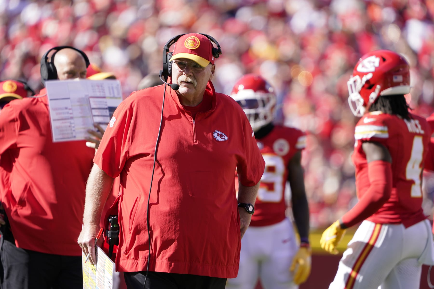 Kansas City Chiefs head coach Andy Reid watches a game replay