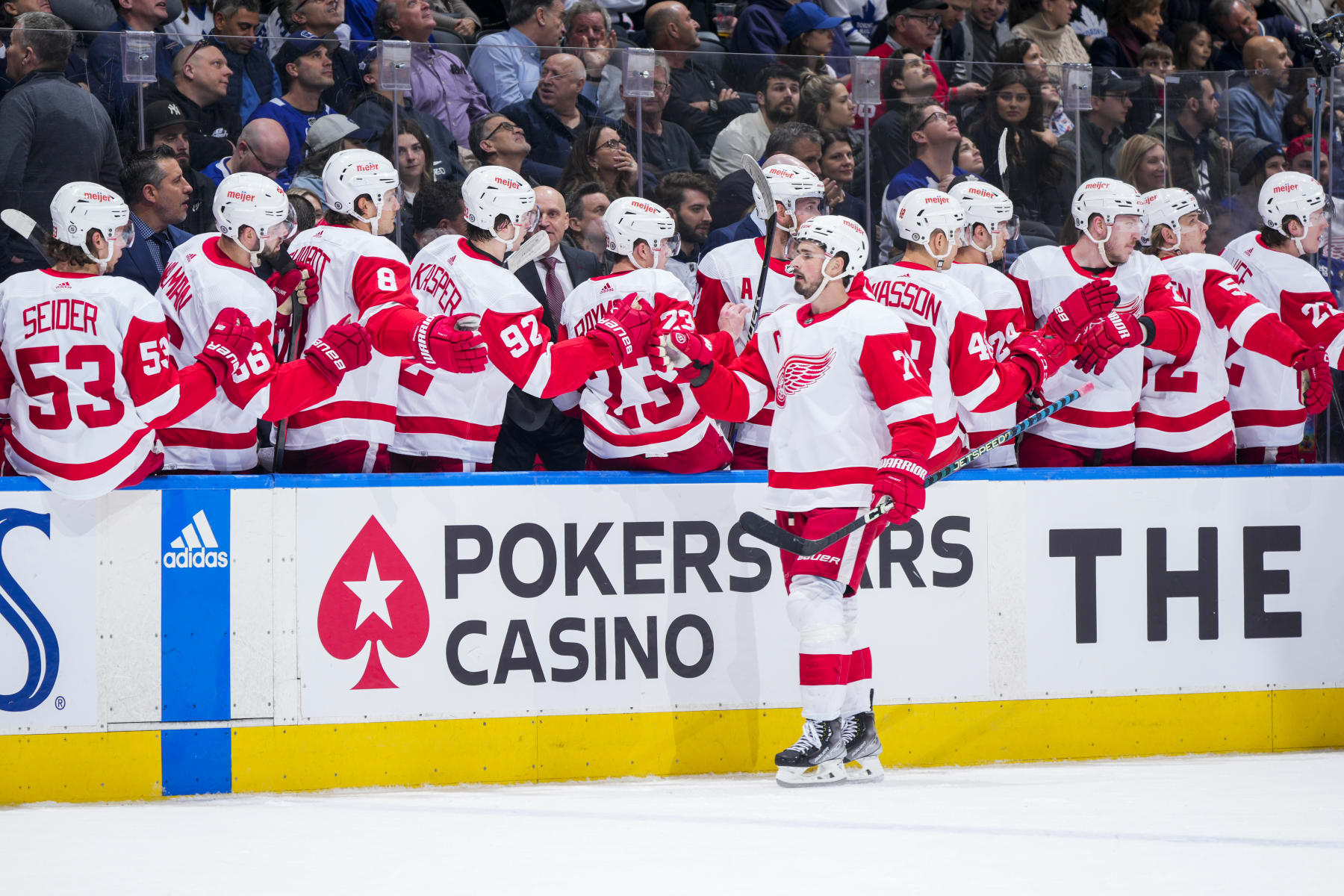 TORONTO, ON - APRIL 2: Dylan Larkin #71 of the Detroit Red Wings celebrates his goal against the Toronto Maple Leafs during the first period at the Scotiabank Arena on April 2, 2023 in Toronto, Ontario, Canada. (Photo by Mark Blinch/NHLI via Getty Images)