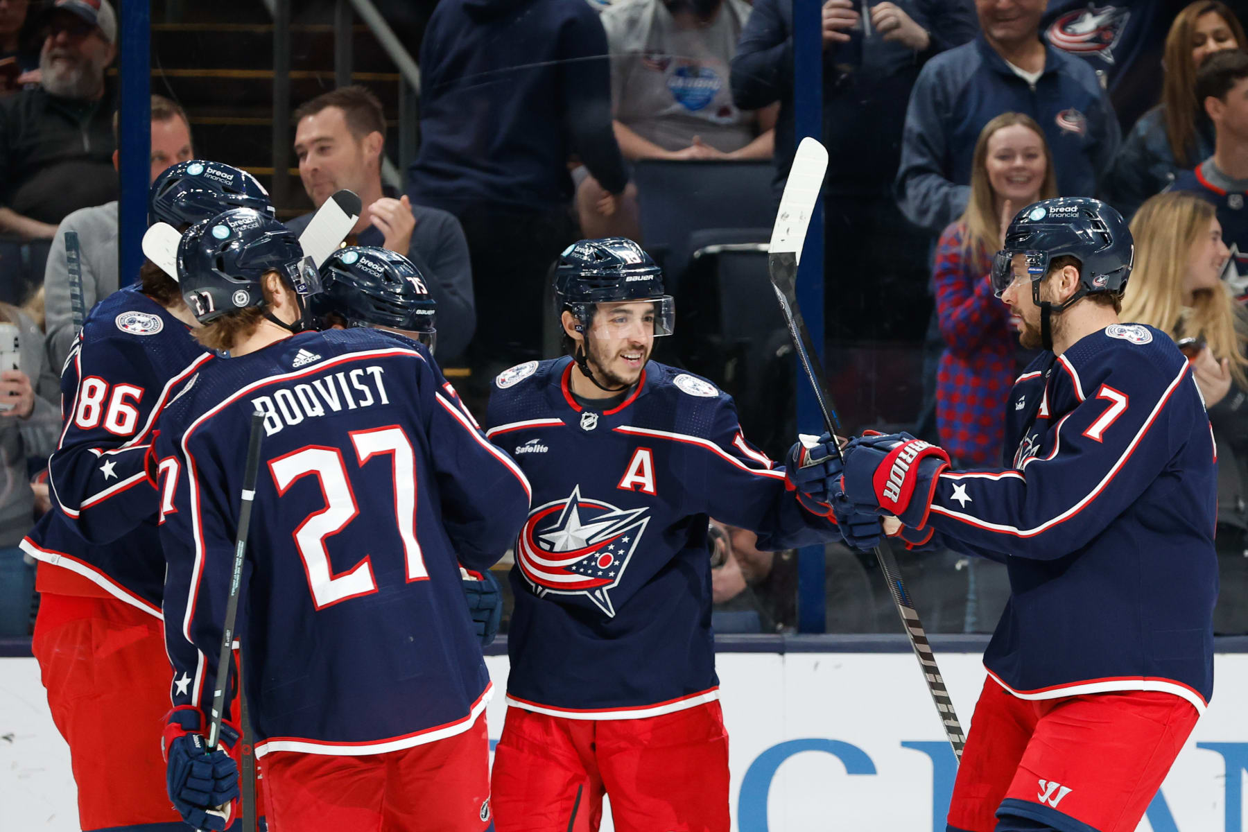 COLUMBUS, OH - APRIL 14: Columbus Blue Jackets left wing Johnny Gaudreau (13) celebrates a first period goal against the Buffalo Sabres with his teammates on April 14, 2023, at Nationwide Arena in Columbus, Ohio. (Photo by Graham Stokes/Icon Sportswire via Getty Images)