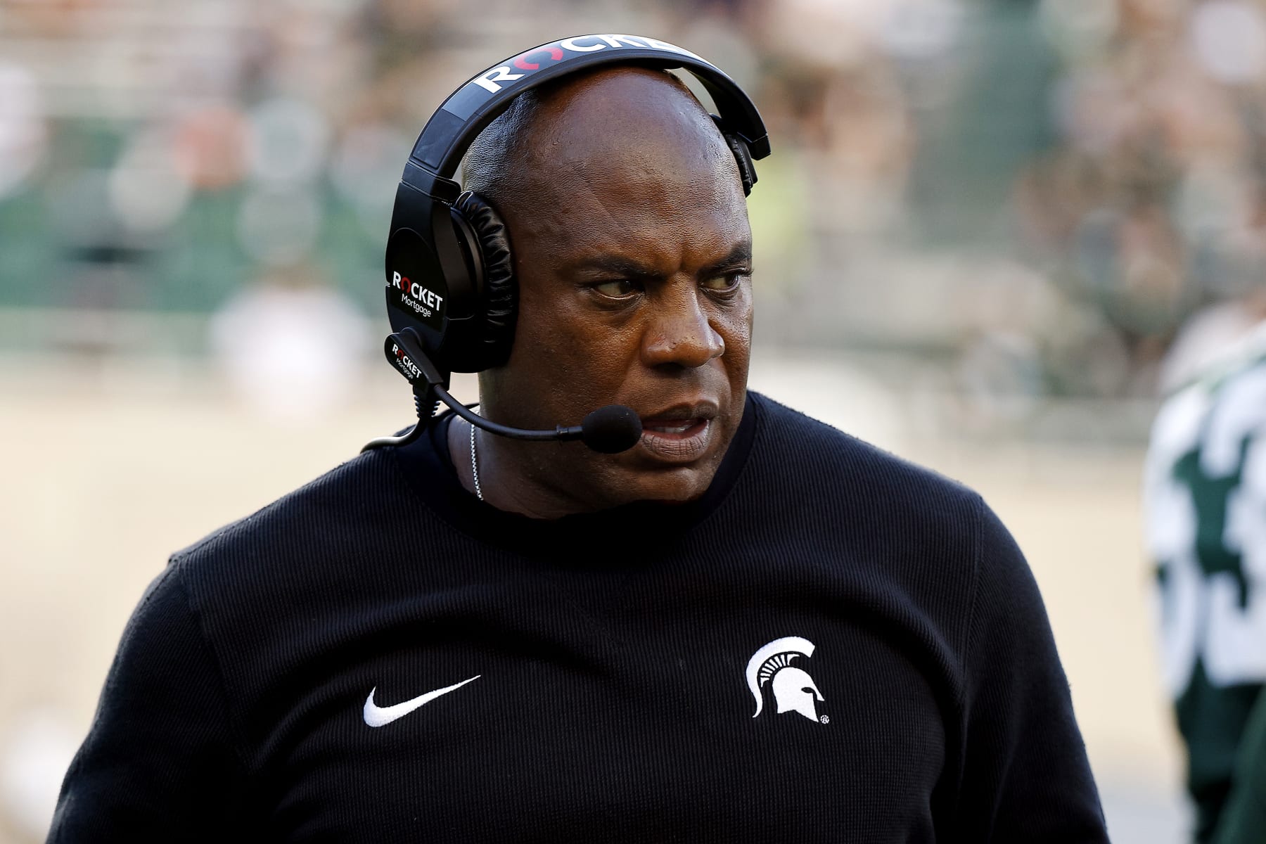 EAST LANSING, MICHIGAN - SEPTEMBER 09: Head coach Mel Tucker of the Michigan State Spartans looks on in the fourth quarter of a game agains the Richmond Spiders at Spartan Stadium on September 09, 2023 in East Lansing, Michigan. (Photo by Mike Mulholland/Getty Images)