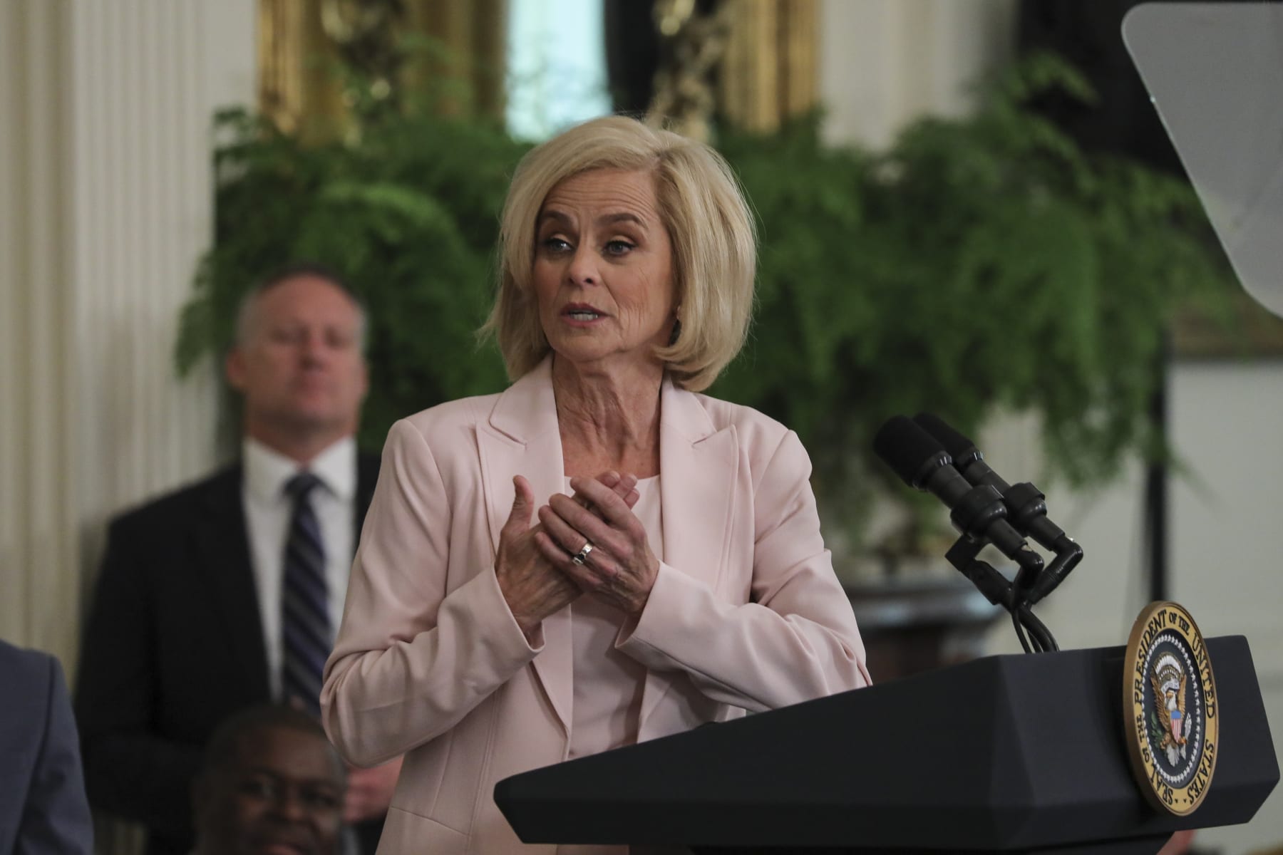 WASHINGTON DC, UNITED STATES - MAY 26: Louisiana State University women's basketball head coach Kim Mulkey speaks at the LSU Tigers Championship Celebration event at the White House in Washington D.C., United States on May 26, 2023. (Photo by Celal Gunes/Anadolu Agency via Getty Images)