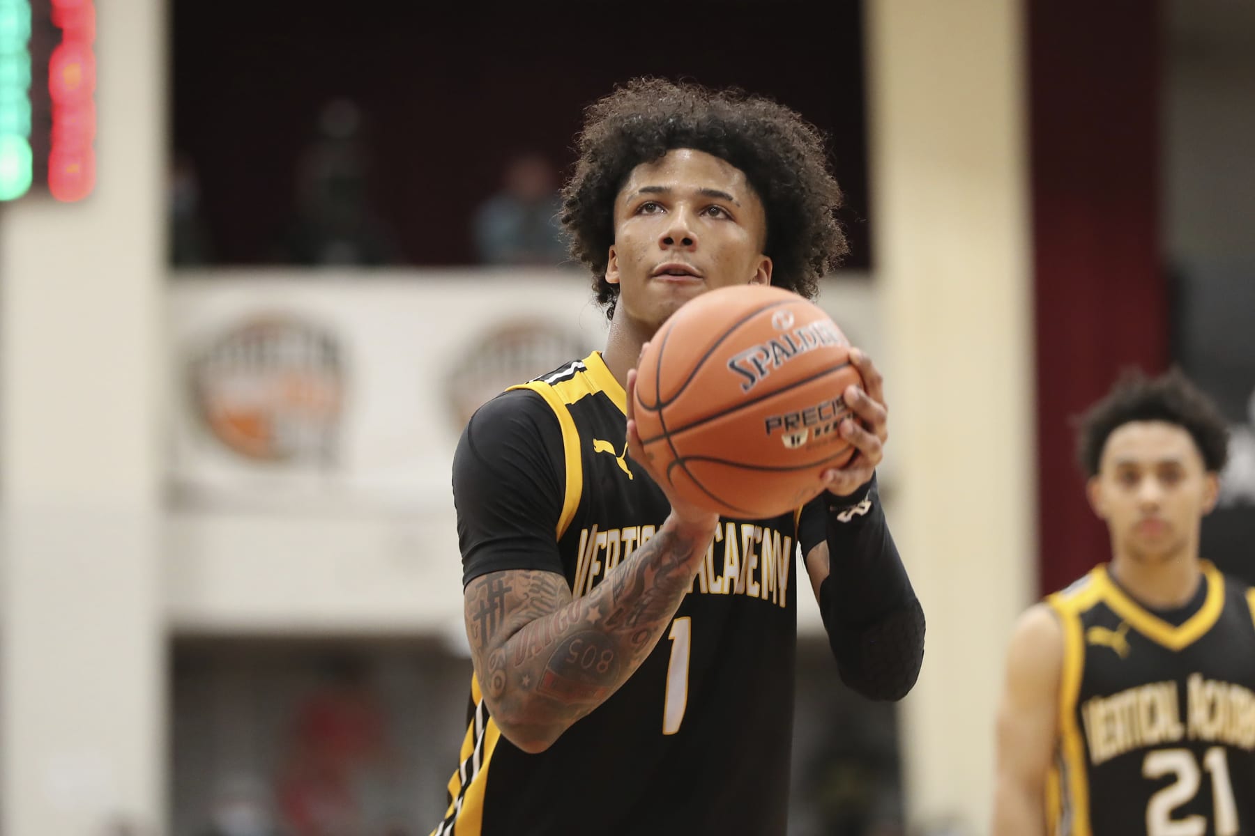 Vertical Academy's Mikey Williams #1 shoots a free throw against Westtown School during a high school basketball game at the Hoophall Classic, Friday, January 14, 2022, in Springfield, MA. Vertical won 67-65. (AP Photo/Gregory Payan)