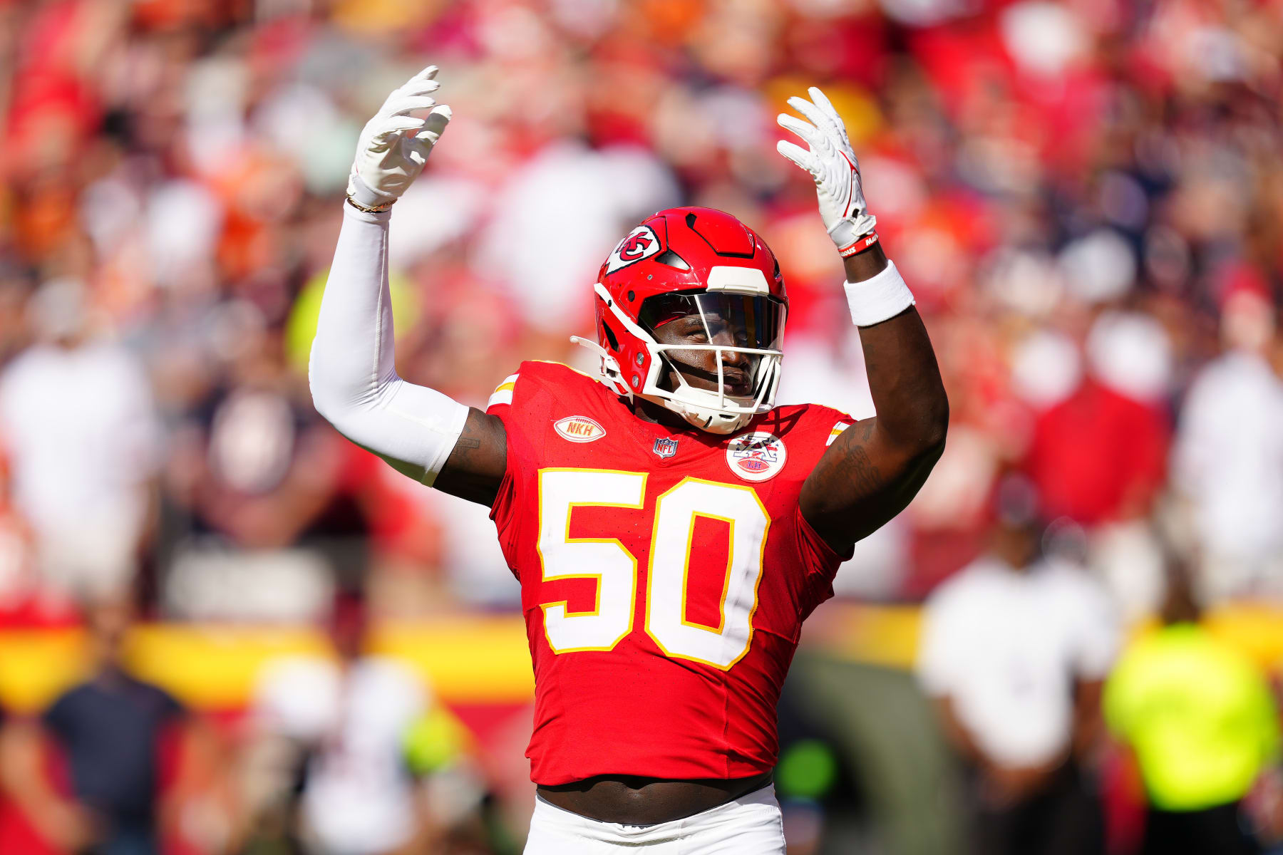 Kansas City Chiefs linebacker Willie Gay (50) looks on from the