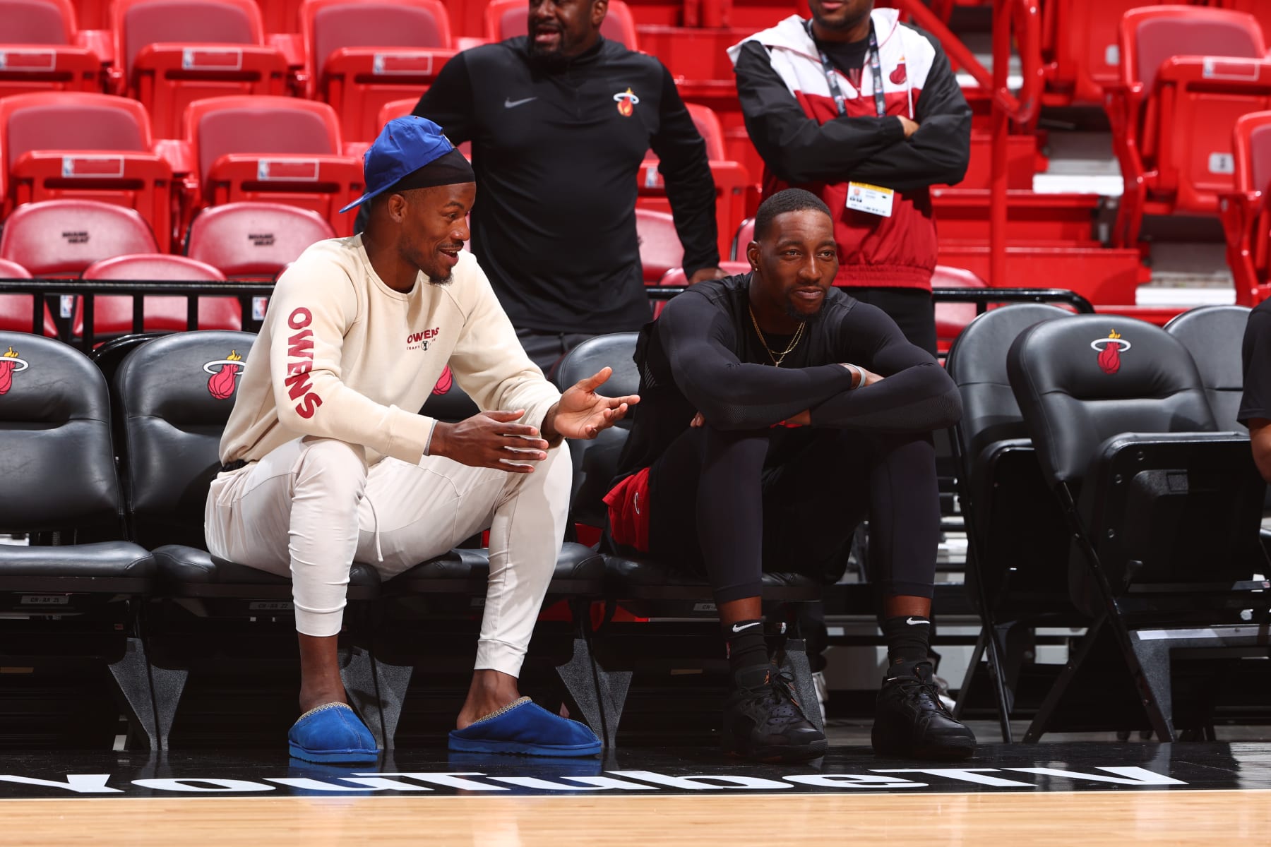 MIAMI, FL - JUNE 8: Jimmy Butler and Bam Adebayo of the Miami Heat attend the 2023 NBA Finals Practice and Media Availability on June 8, 2023 at the Kaseya Center in Miami, Florida. NOTE TO USER: User expressly acknowledges and agrees that, by downloading and/or using this Photograph, user is consenting to the terms and conditions of the Getty Images License Agreement. Mandatory Copyright Notice: Copyright 2023 NBAE (Photo by Nathaniel S. Butler/NBAE via Getty Images)