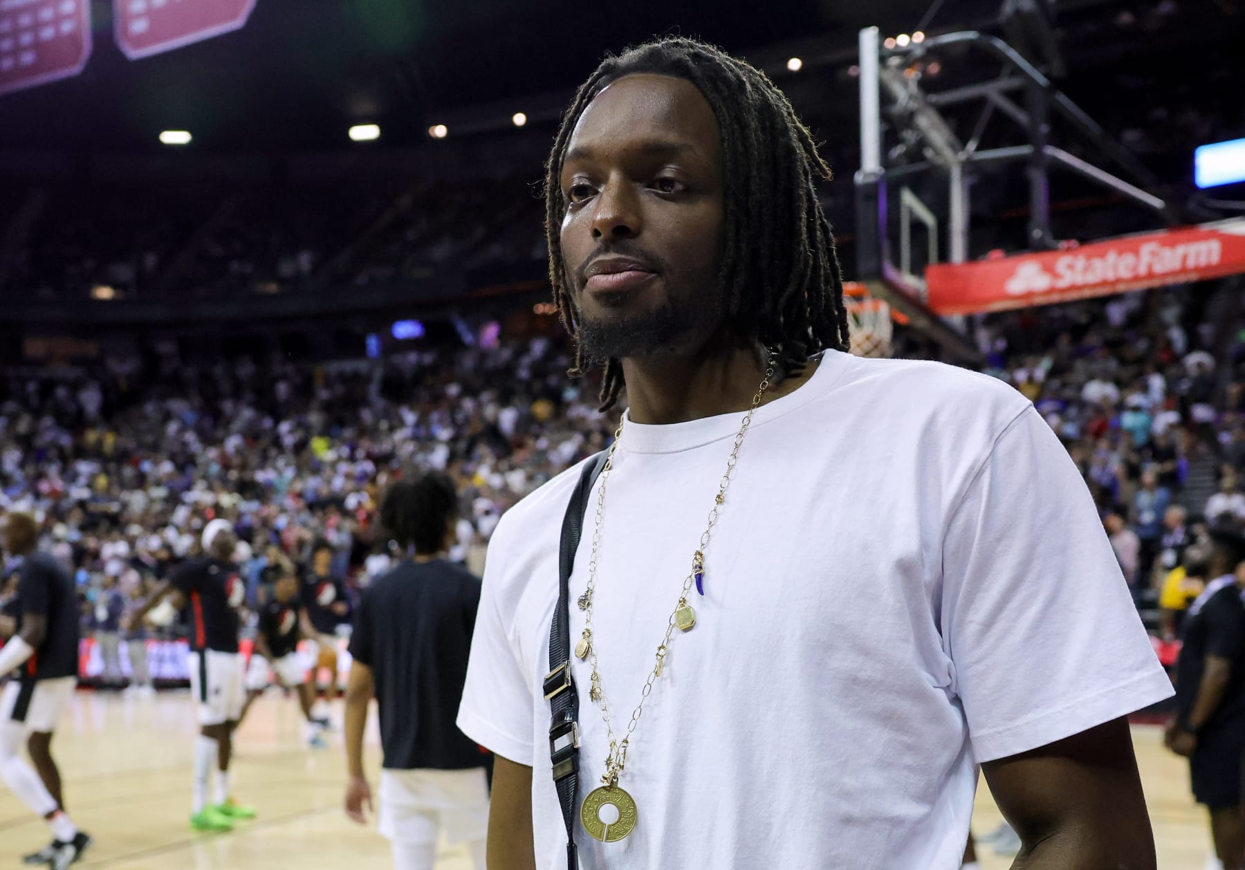 LAS VEGAS, NEVADA - JULY 09: Jerami Grant of the Portland Trail Blazers attends a 2023 NBA Summer League game between the Trail Blazers and the San Antonio Spurs at the Thomas & Mack Center on July 09, 2023 in Las Vegas, Nevada. NOTE TO USER: User expressly acknowledges and agrees that, by downloading and or using this photograph, User is consenting to the terms and conditions of the Getty Images License Agreement. (Photo by Ethan Miller/Getty Images)