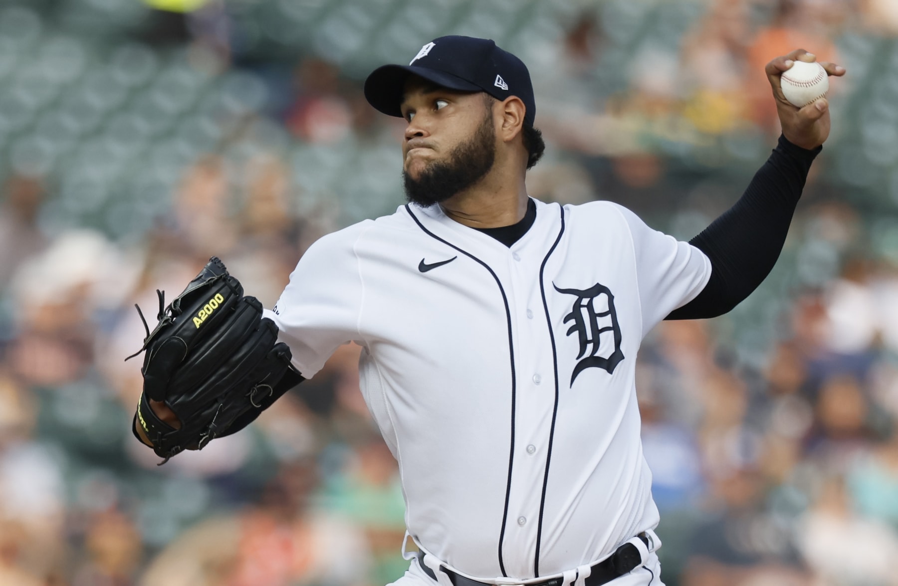 DETROIT, MI - JULY 25: Eduardo Rodriguez #57 of the Detroit Tigers pitches against the Los Angeles Angels during the first inning at Comerica Park on July 25, 2023 in Detroit, Michigan. (Photo by Duane Burleson/Getty Images)