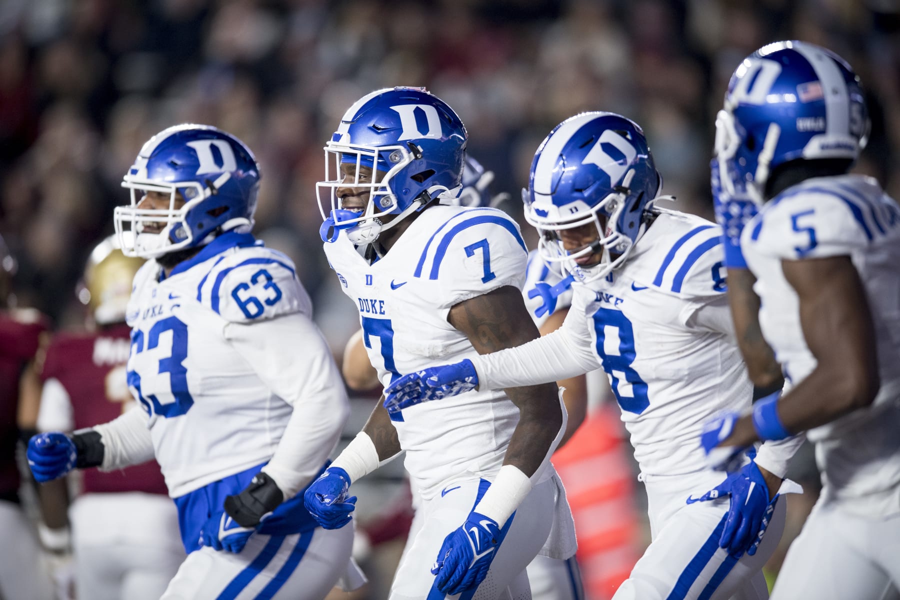 CHESTNUT HILL, MA - NOVEMBER 04: Jordan Waters #7 of the Duke Blue Devils reacts with teammates after scoring a touchdown during the first half of a game against the Boston College Eagles at Alumni Stadium on November 4, 2022 in Chestnut Hill, Massachusetts. (Photo by Maddie Malhotra/Getty Images)