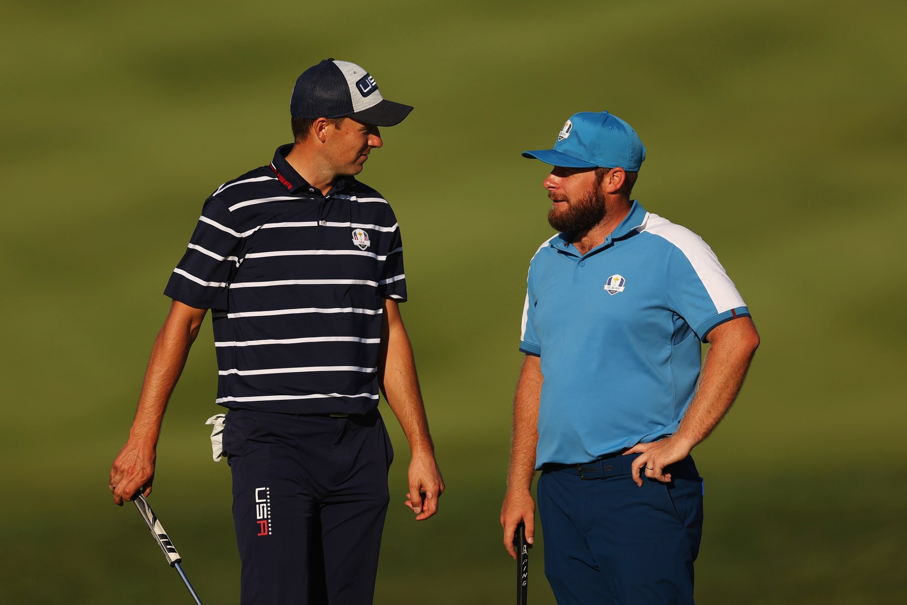 ROME, ITALY - SEPTEMBER 29: Jordan Spieth of Team United States and Tyrrell Hatton of Team Europe interact on the 16th hole during the Friday afternoon fourball matches of the 2023 Ryder Cup at Marco Simone Golf Club on September 29, 2023 in Rome, Italy. (Photo by Maddie Meyer/PGA of America/PGA of America via Getty Images)