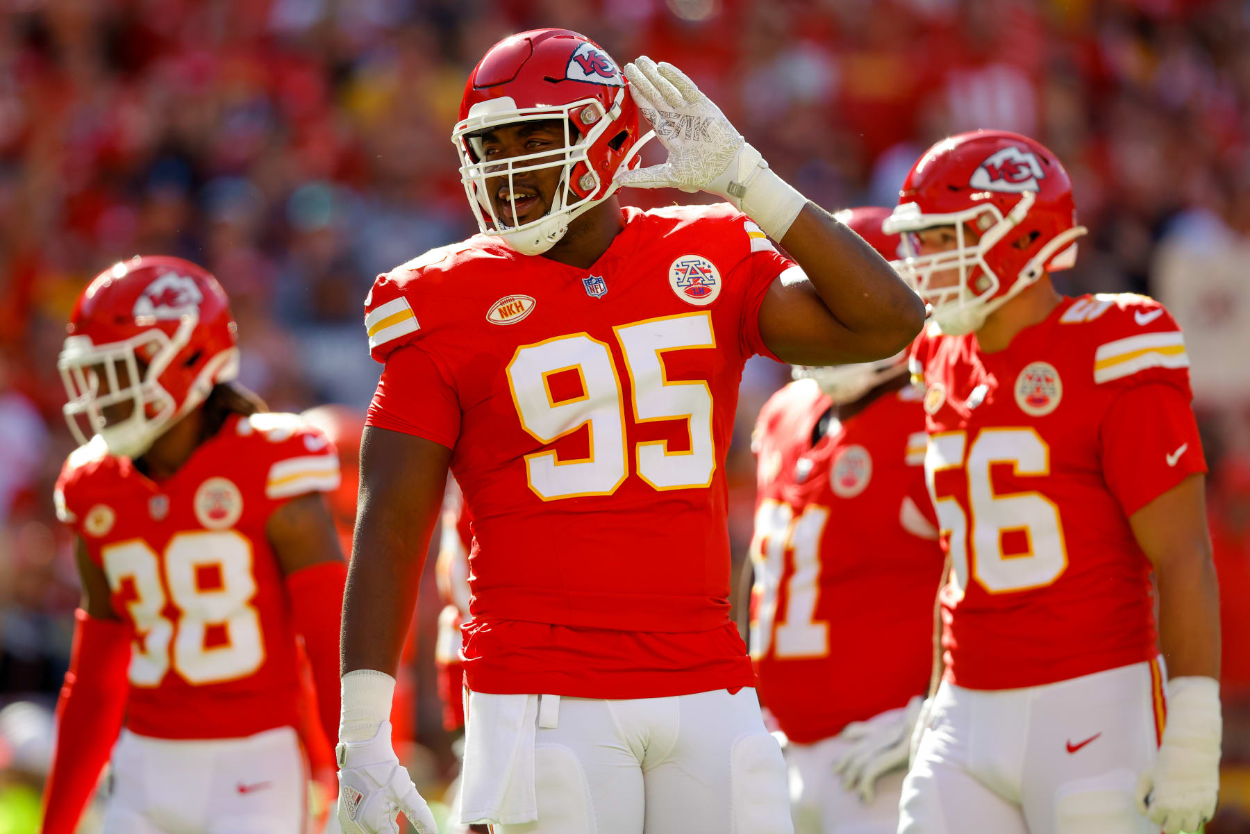 KANSAS CITY, MISSOURI - SEPTEMBER 24: Chris Jones #95 of the Kansas City Chiefs waits for a first quarter television timeout to end against the Chicago Bears at GEHA Field at Arrowhead Stadium on September 24, 2023 in Kansas City, Missouri. (Photo by David Eulitt/Getty Images)