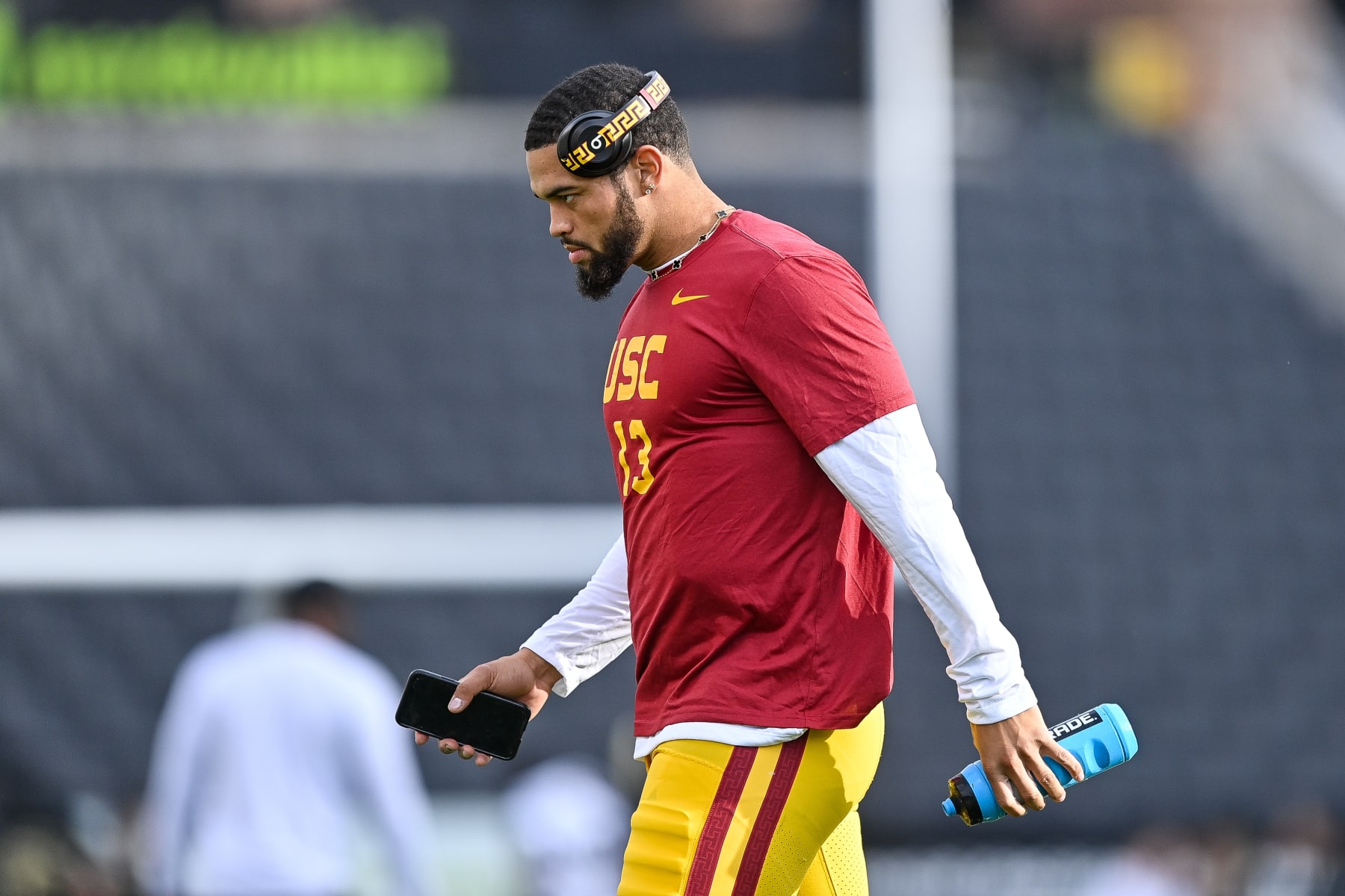 BOULDER, CO - SEPTEMBER 30: Caleb Williams #13 of the USC Trojans warms up before a game against the Colorado Buffaloes at Folsom Field on September 30, 2023 in Boulder, Colorado. (Photo by Dustin Bradford/Getty Images)