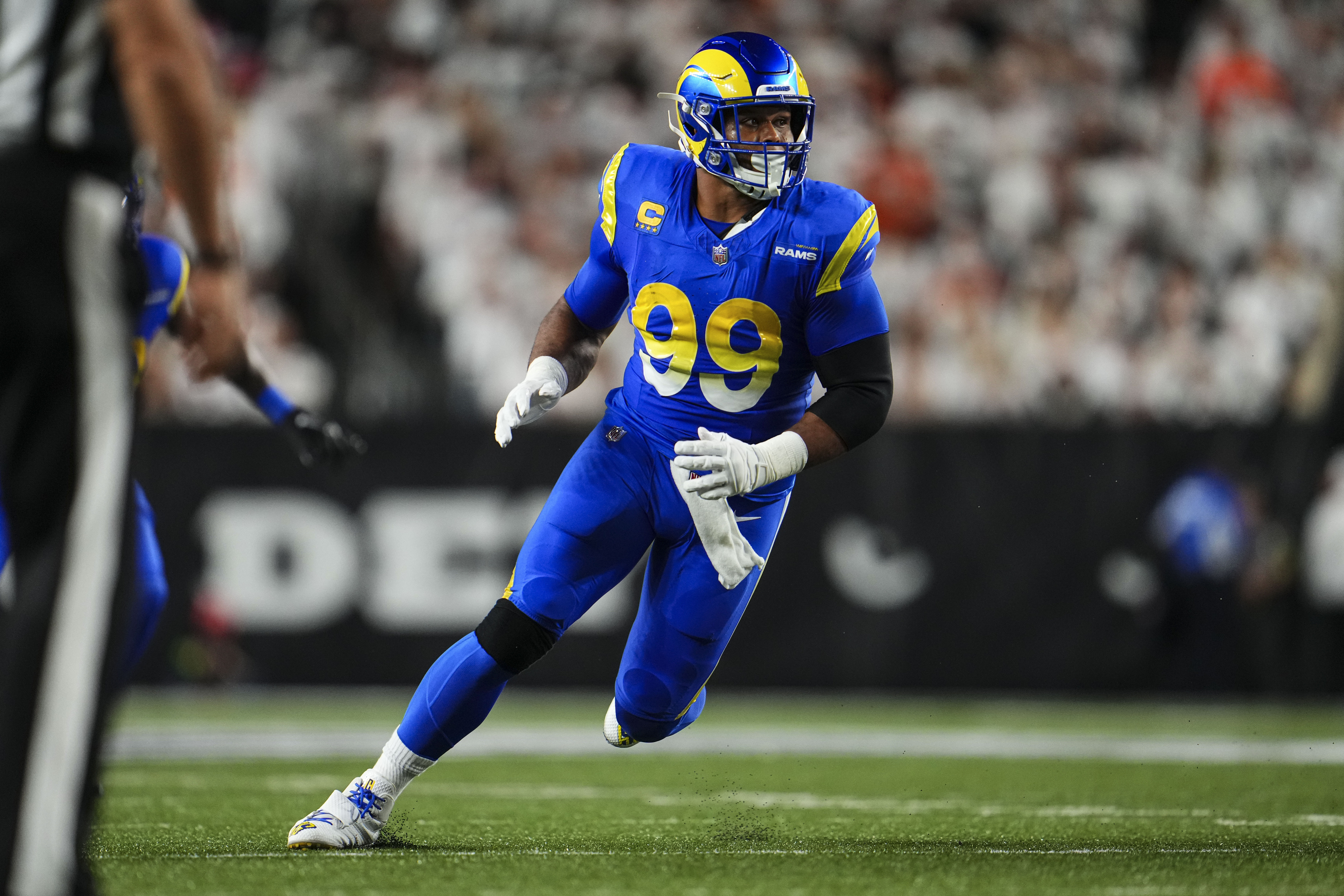 Los Angeles Rams cornerback Jalen Ramsey (5) grabs the jersey of Carolina  Panthers quarterback PJ Walker (11) for a sack during an NFL football game  Sunday, Oct. 16, 2022, in Inglewood, Calif. (