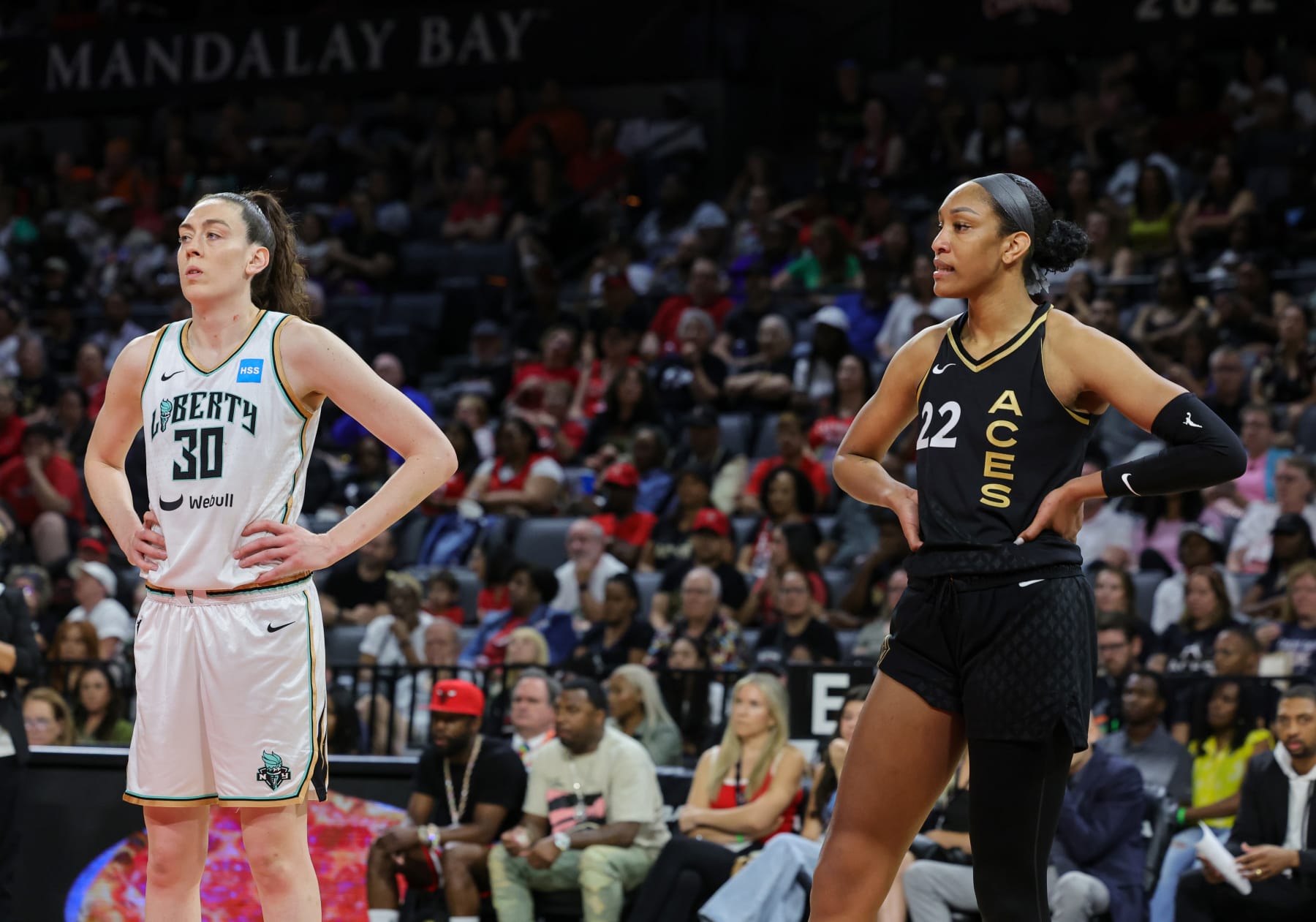 LAS VEGAS, NEVADA - JUNE 29: Breanna Stewart #30 of the New York Liberty and A'ja Wilson #22 of the Las Vegas Aces wait for a Liberty player to shoot a free throw in the third quarter of their game at Michelob ULTRA Arena on June 29, 2023 in Las Vegas, Nevada. The Aces defeated the Liberty 98-81. NOTE TO USER: User expressly acknowledges and agrees that, by downloading and or using this photograph, User is consenting to the terms and conditions of the Getty Images License Agreement. (Photo by Ethan Miller/Getty Images)