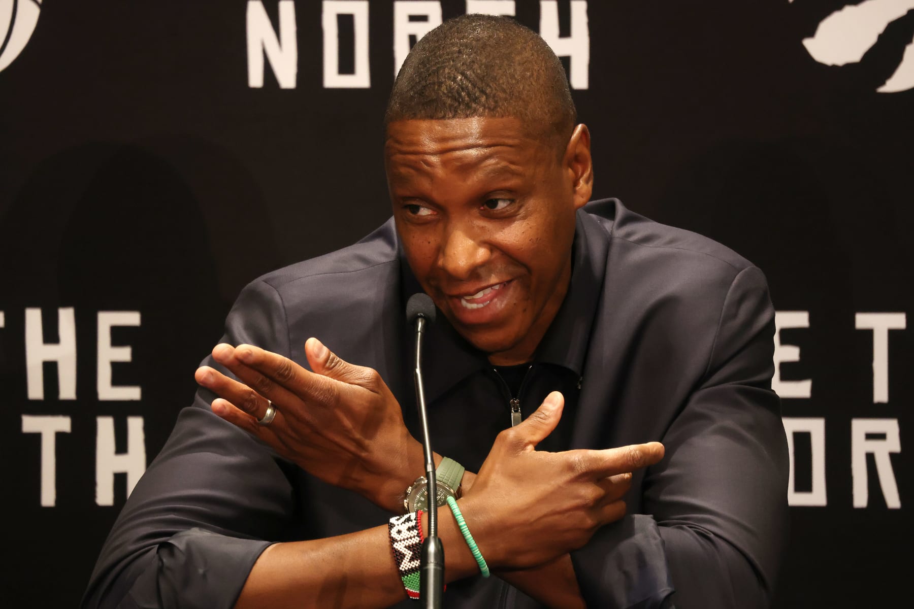 TORONTO, ON- OCTOBER 2  - Toronto Raptors president Masai Ujiri takes questions as the Toronto Raptors hold their media day ahead of the 2023-24 season at Hilton Toronto in Toronto. October 2, 2023.        (Steve Russell/Toronto Star via Getty Images)