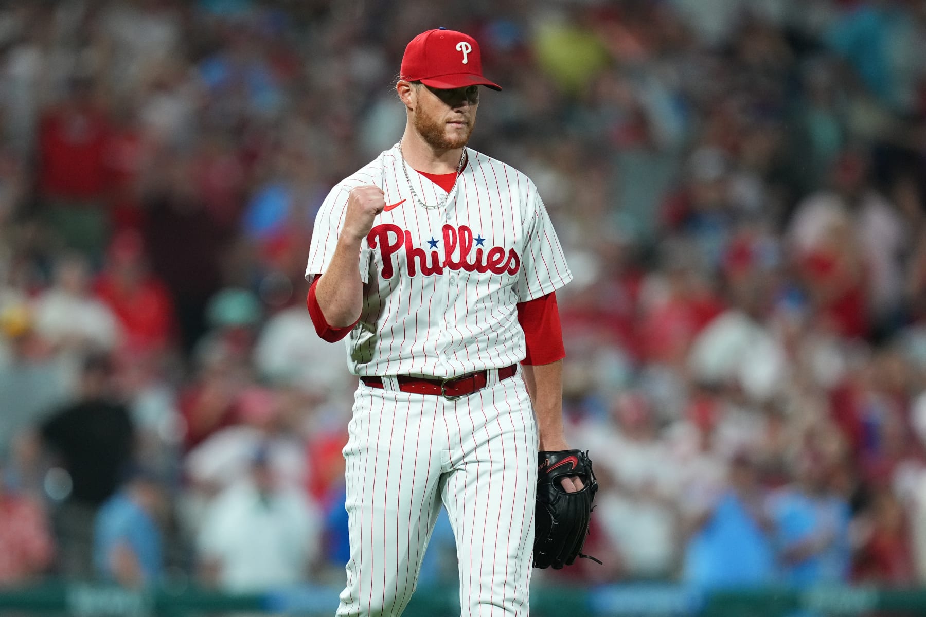 PHILADELPHIA, PENNSYLVANIA - AUGUST 28: Craig Kimbrel #31 of the Philadelphia Phillies reacts after the game against the Los Angeles Angels at Citizens Bank Park on August 28, 2023 in Philadelphia, Pennsylvania. The Phillies defeated the Angels 6-4. (Photo by Mitchell Leff/Getty Images)
