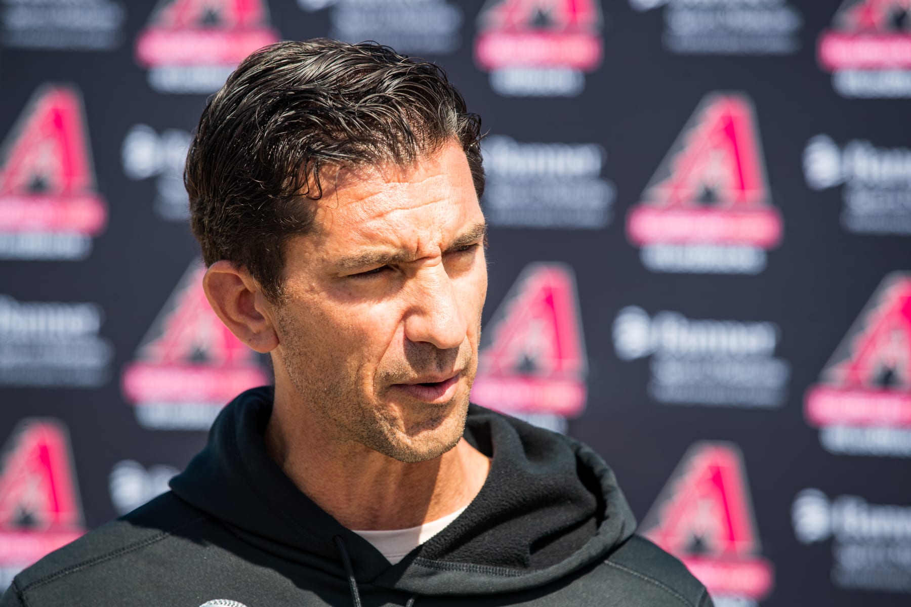SCOTTSDALE, ARIZONA - MARCH 12: Mike Hazen of the Arizona Diamondbacks addresses the media after Corbin Carroll signed a contract extension before the Spring Training game against the Colorado Rockies at Salt River Fields at Talking Stick on March 12, 2023 in Scottsdale, Arizona. (Photo by John E. Moore III/Getty Images)