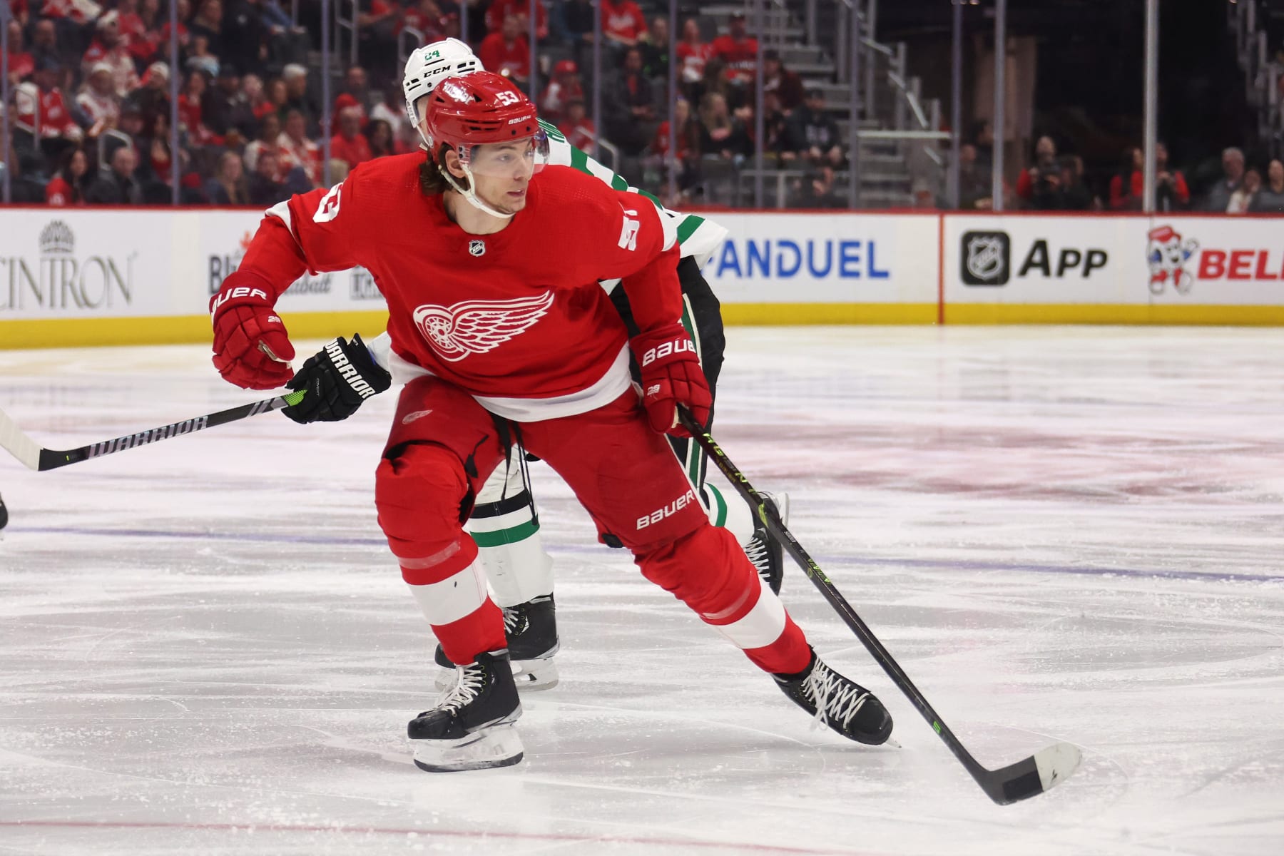 DETROIT, MICHIGAN - APRIL 10: Moritz Seider #53 of the Detroit Red Wings skates against the Dallas Stars at Little Caesars Arena on April 10, 2023 in Detroit, Michigan. (Photo by Gregory Shamus/Getty Images)