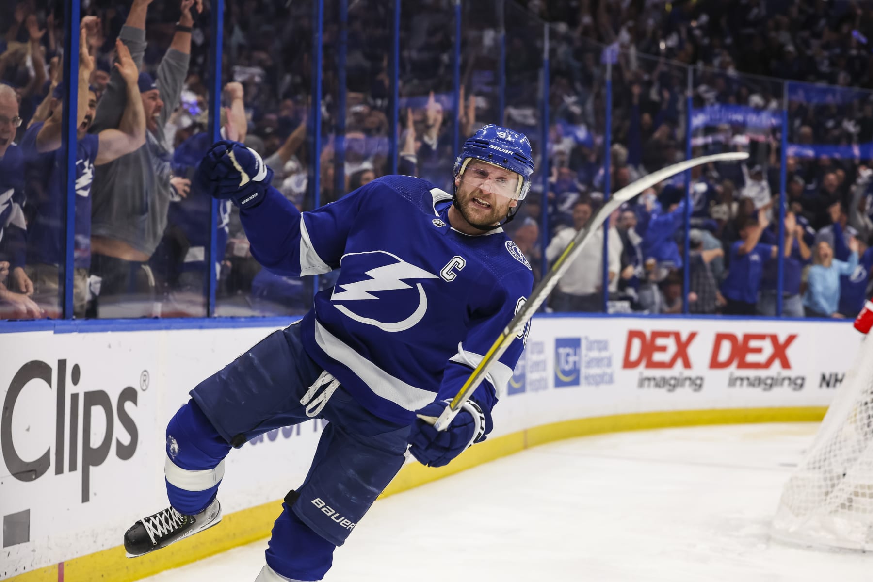 Steven Stamkos Tampa Bay Lightning Unsigned White Jersey Skating Photograph