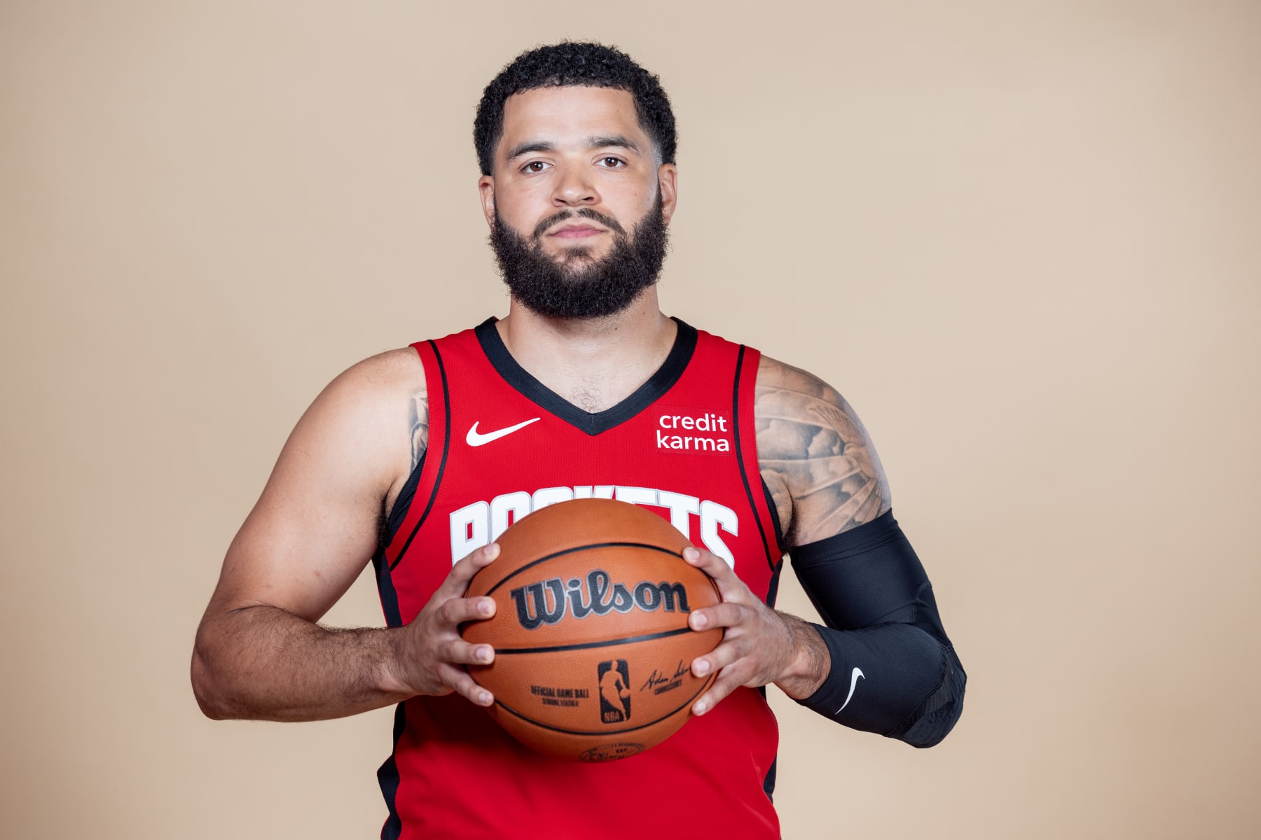 HOUSTON, TEXAS - OCTOBER 02: Fred VanVleet #5 of the Houston Rockets poses for a photo during media day on October 02, 2023 in Houston, Texas. (Photo by Carmen Mandato/Getty Images)