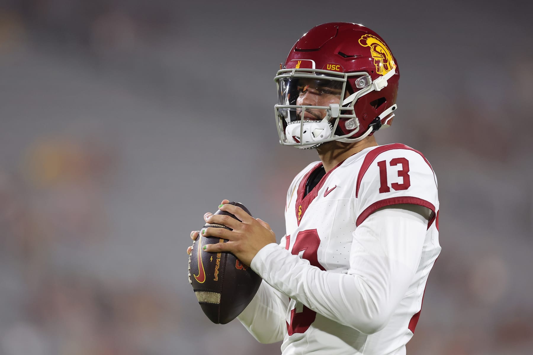 TEMPE, ARIZONA - SEPTEMBER 23: Quarterback Caleb Williams #13 of the USC Trojans warms up before NCAAF game against the Arizona State Sun Devils at Mountain America Stadium on September 23, 2023 in Tempe, Arizona. (Photo by Christian Petersen/Getty Images)