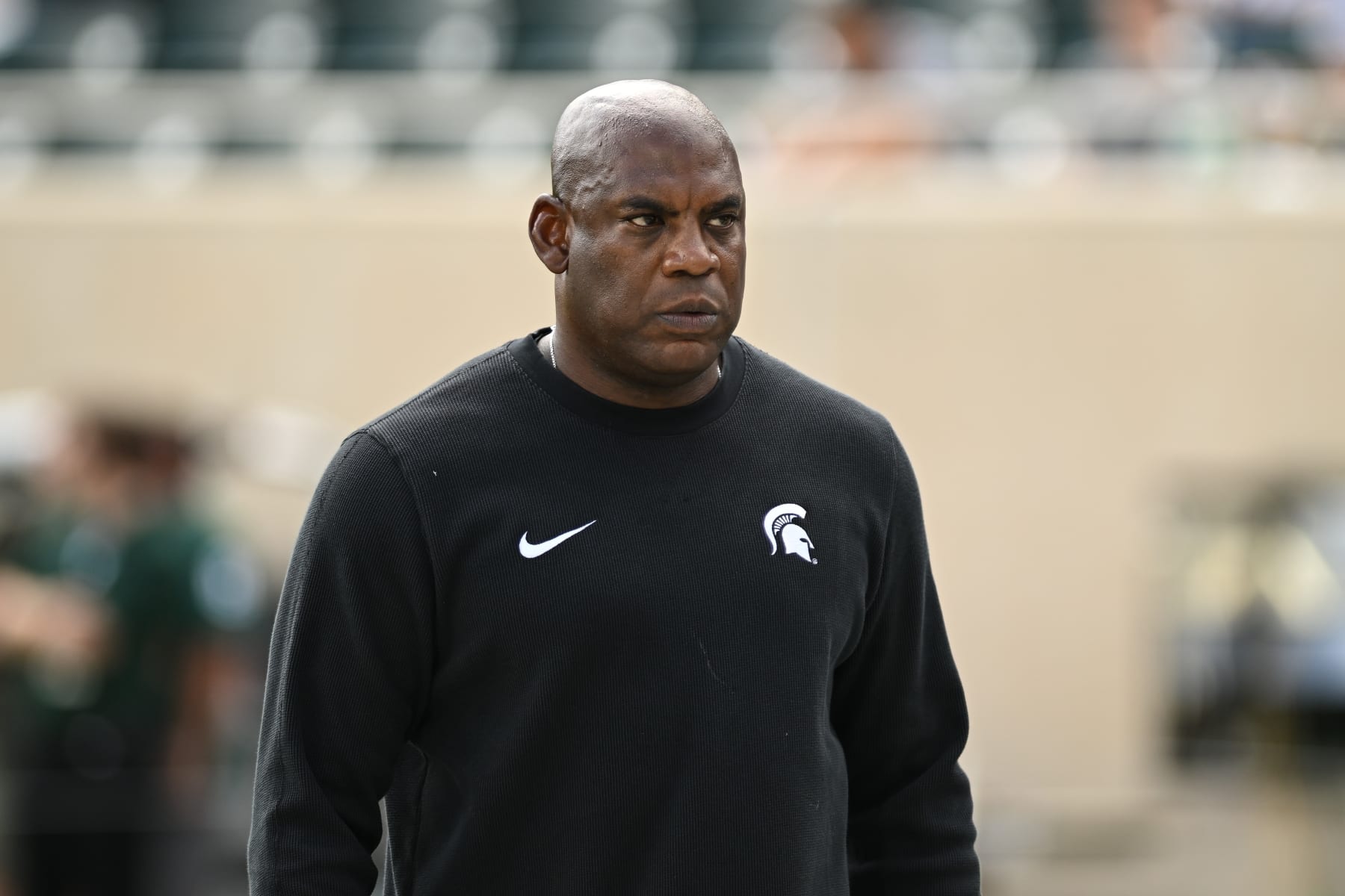 EAST LANSING, MI - SEPTEMBER 09: Michigan State Spartans head coach Mel Tucker walks the field during warm ups prior to a college football game between the Michigan State Spartans and Richmond Spiders on September 9, 2023 at Spartan Stadium in East Lansing, MI. (Photo by Adam Ruff/Icon Sportswire via Getty Images)