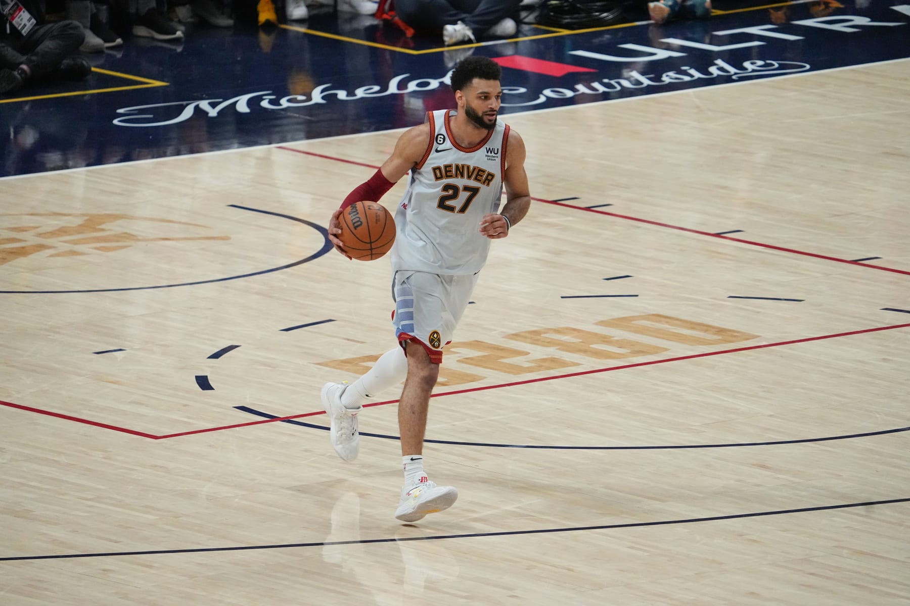DENVER, CO - JUNE 12: Jamal Murray #27 of the Denver Nuggets goes to the basket during the game during Game Five of the 2023 NBA Finals on June 12, 2023 at the Ball Arena in Denver, Colorado. NOTE TO USER: User expressly acknowledges and agrees that, by downloading and/or using this Photograph, user is consenting to the terms and conditions of the Getty Images License Agreement. Mandatory Copyright Notice: Copyright 2023 NBAE (Photo by Bart Young/NBAE via Getty Images)