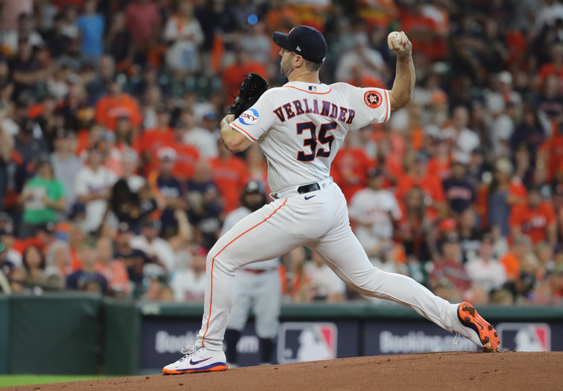 HOUSTON, TEXAS - OCTOBER 07: Justin Verlander #35 of the Houston Astros pitches during the first inning of Game One of the Division Series against the Minnesota Twins at Minute Maid Park on October 07, 2023 in Houston, Texas. (Photo by Bob Levey/Getty Images)