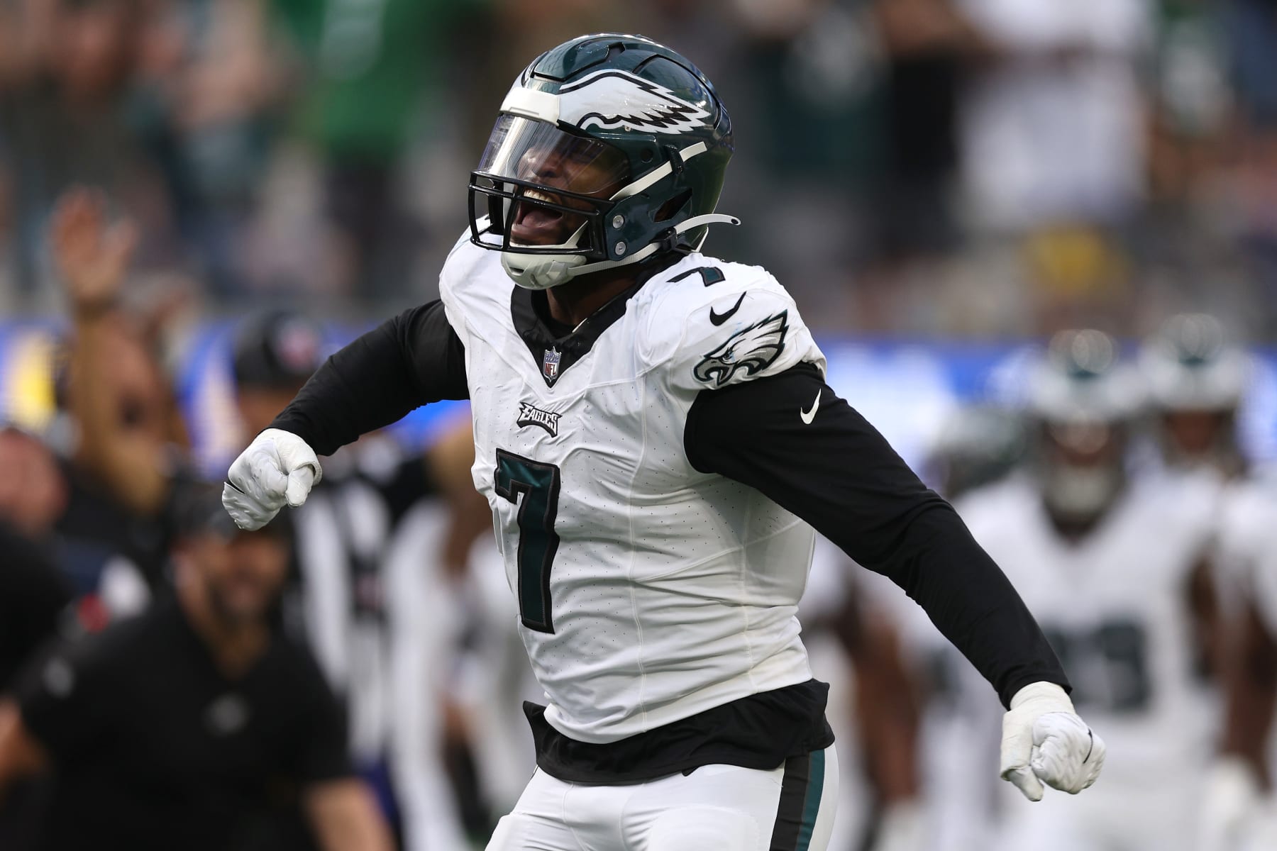 INGLEWOOD, CALIFORNIA - OCTOBER 08: Haason Reddick #7 of the Philadelphia Eagles reacts after recording a sack in the fourth quarter against the Los Angeles Rams at SoFi Stadium on October 08, 2023 in Inglewood, California. (Photo by Harry How/Getty Images)