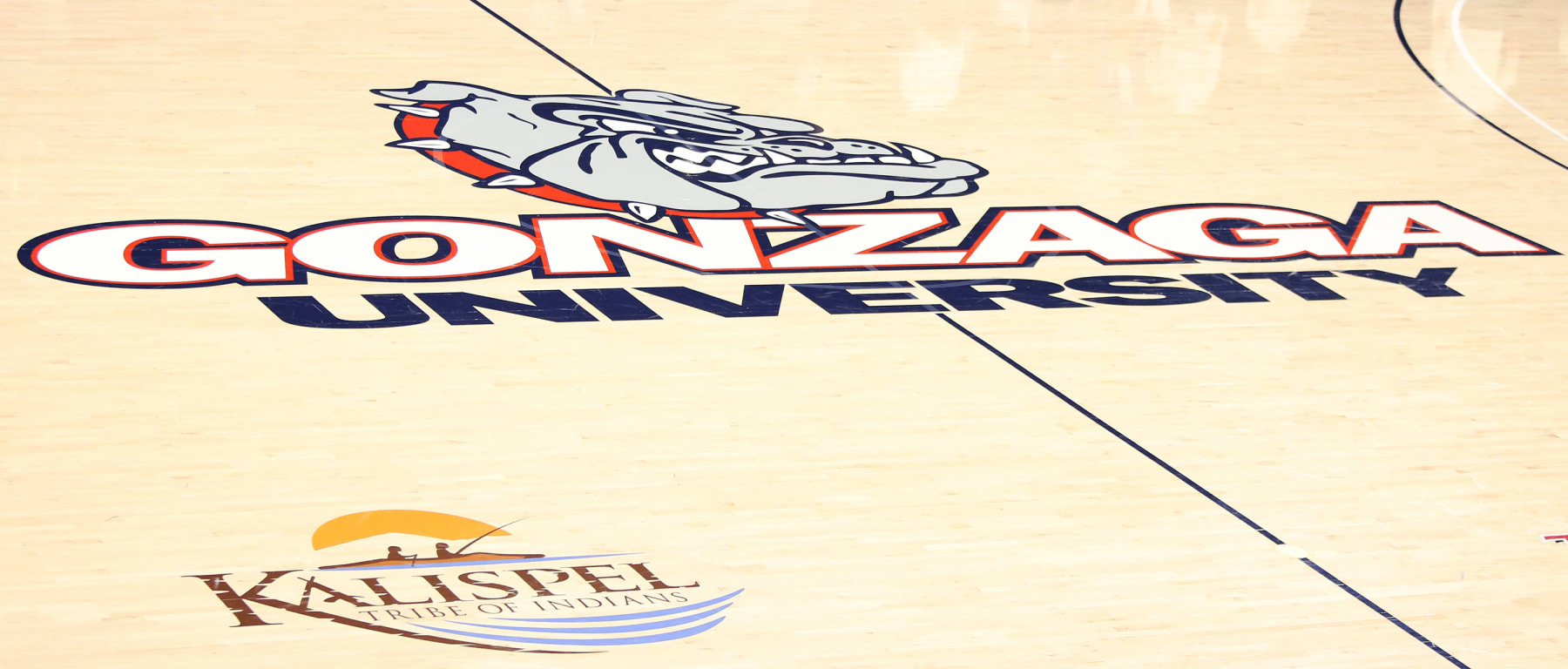 SPOKANE, WASHINGTON - DECEMBER 21:  A general view of the Gonzaga logo on the court prior to the start between the Northwestern State Demons and the Gonzaga Bulldogs at McCarthey Athletic Center on December 21, 2020 in Spokane, Washington. Gonzaga defeats Northwestern State 95-57.  (Photo by William Mancebo/Getty Images)