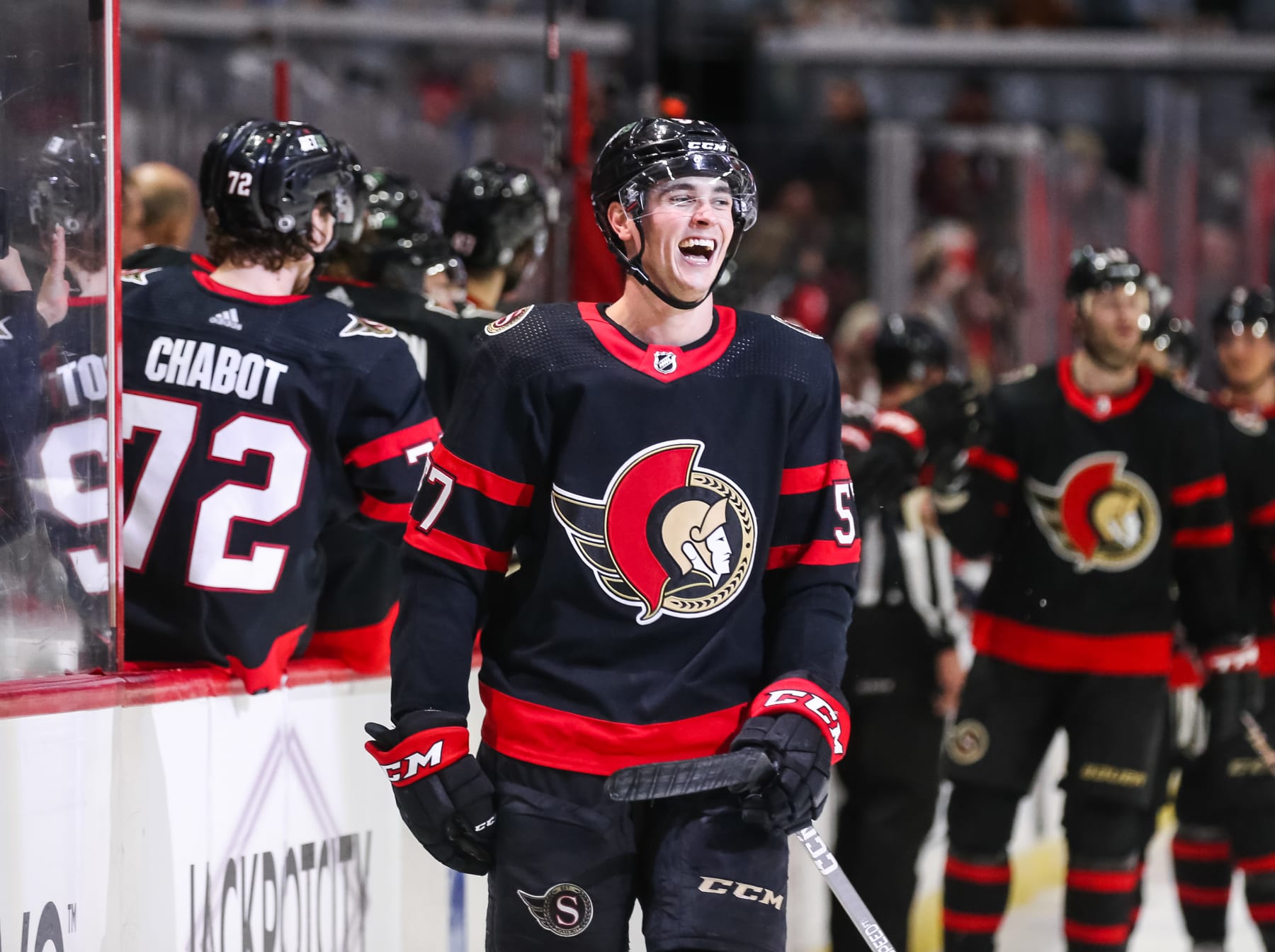 OTTAWA, CANADA - MARCH 27: Shane Pinto #57 of the Ottawa Senators celebrates his third period goal against the Florida Panthers at Canadian Tire Centre on March 27, 2023 in Ottawa, Ontario, Canada. (Photo by Chris Tanouye/Freestyle Photography/Getty Images)