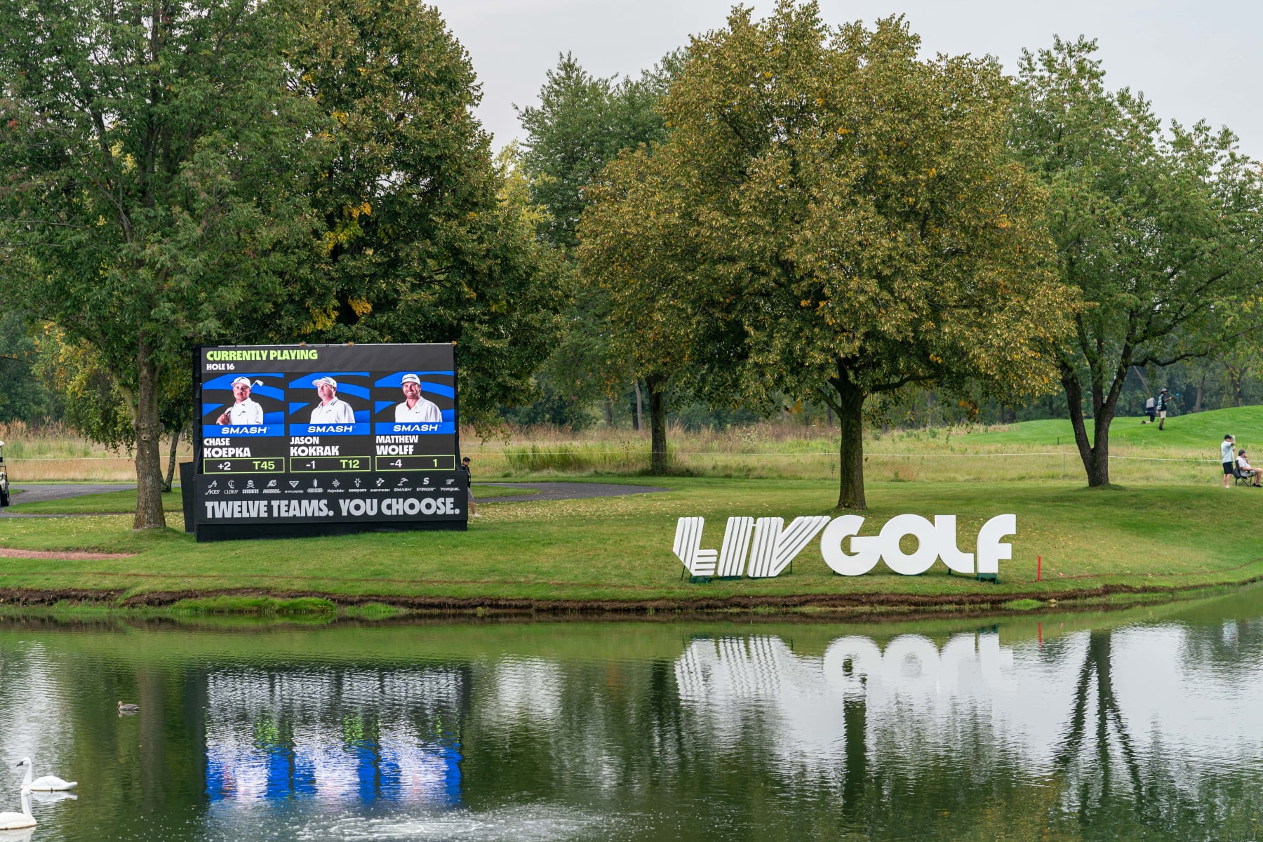 SUGAR GROVE, IL - SEPTEMBER 23: A wide shot of a video board and the LIV Golf logo at hole 16 of Rich Harvest Farms during the Chicago stop of the LIV Golf tournament on September 22, 2023, at Rich Harvest Farms in Sugar Grove, IL (Photo by Ben Hsu/Icon Sportswire via Getty Images)